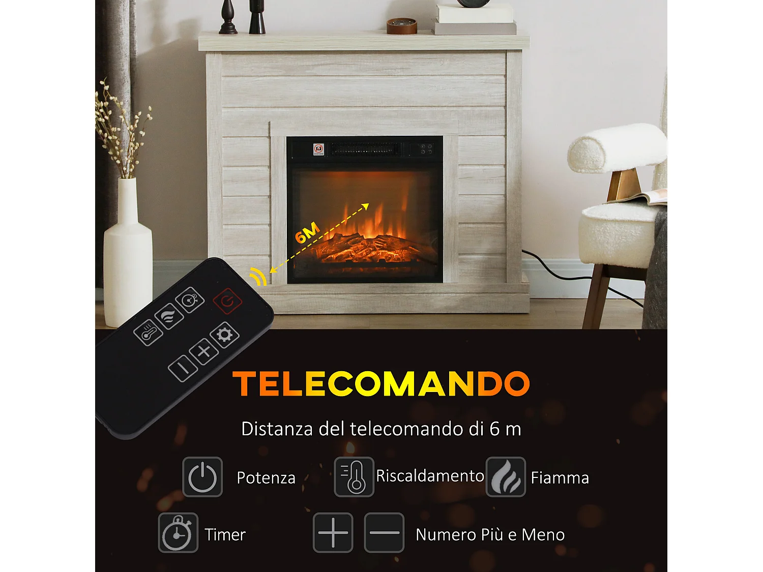 Camino elettrico 1800w con effetto fiamma a 3 intensità grigio chiaro