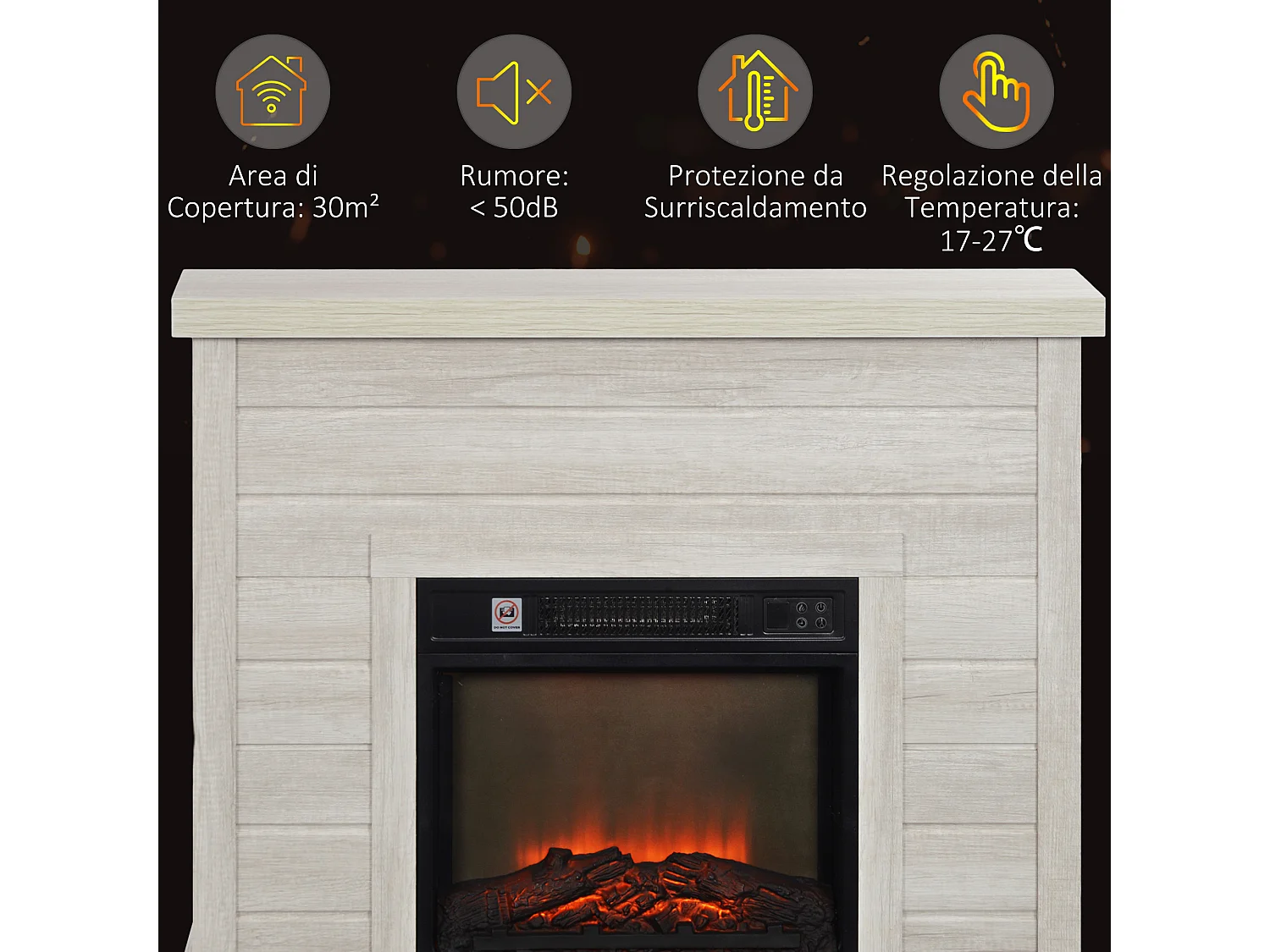 Camino elettrico 1800w con effetto fiamma a 3 intensità grigio chiaro