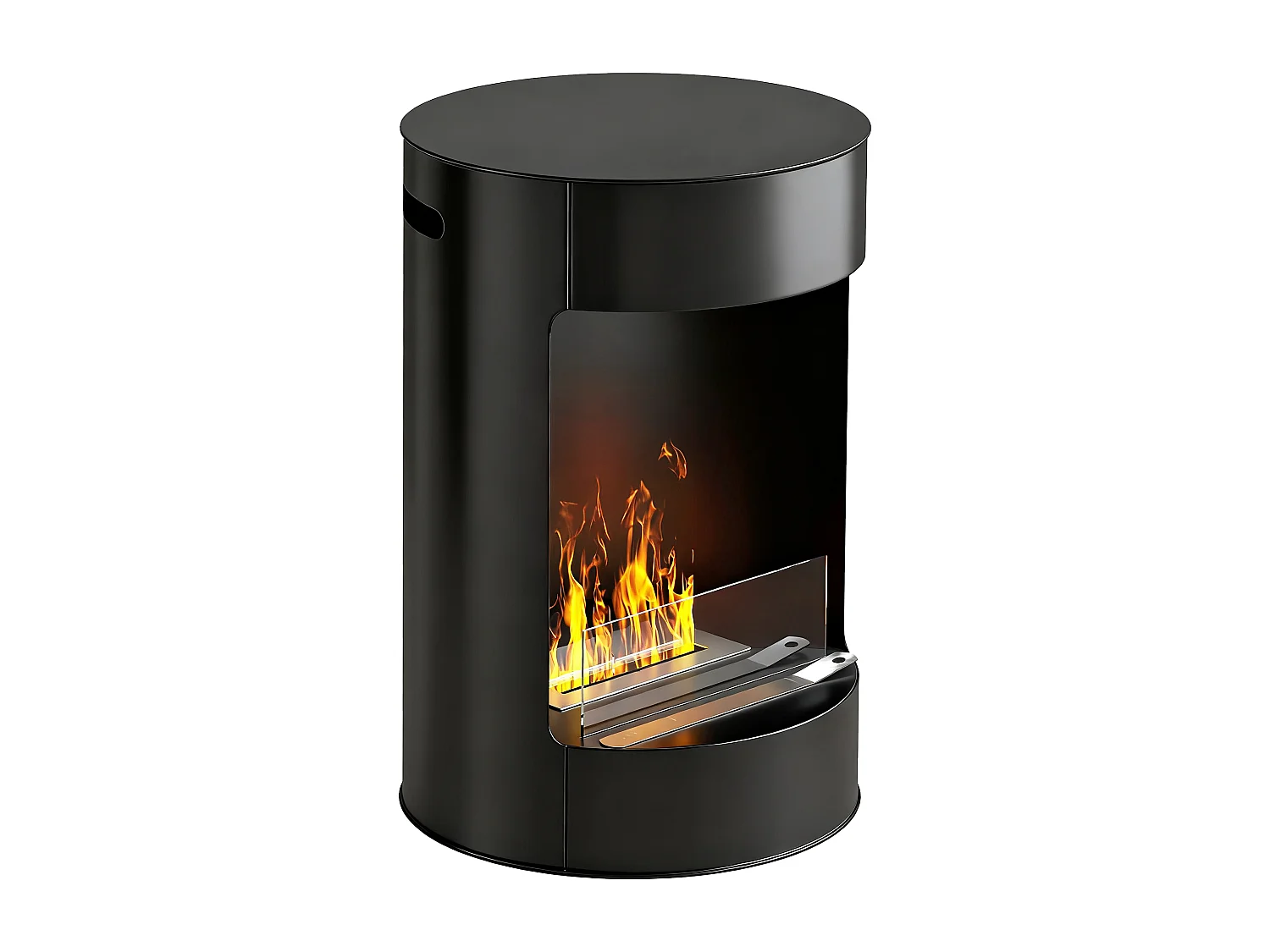 Camino a bioetanolo da interno con pannello in vetro e acciaio nero