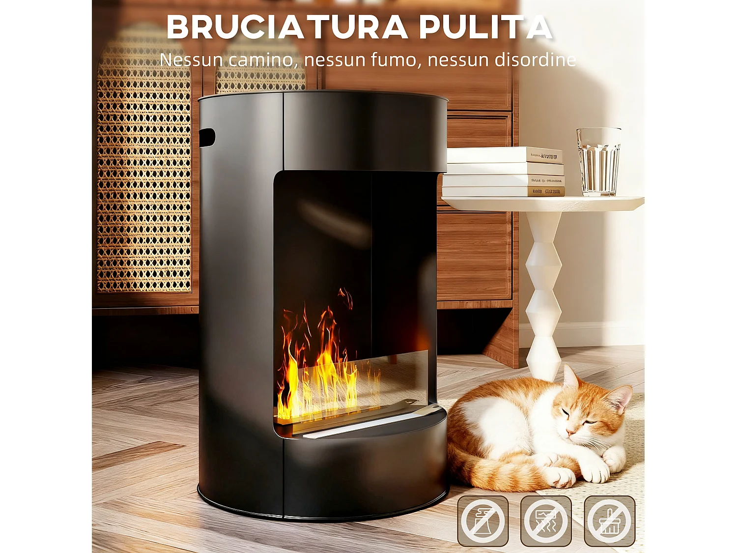 Camino a bioetanolo da interno con pannello in vetro e acciaio nero