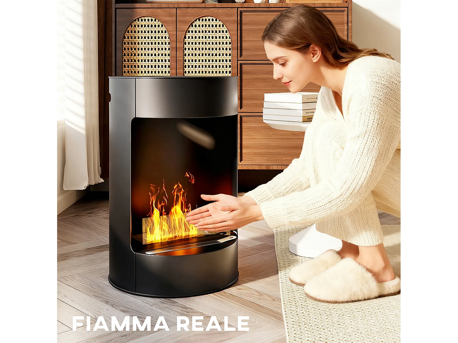 Camino a bioetanolo da interno con pannello in vetro e acciaio nero