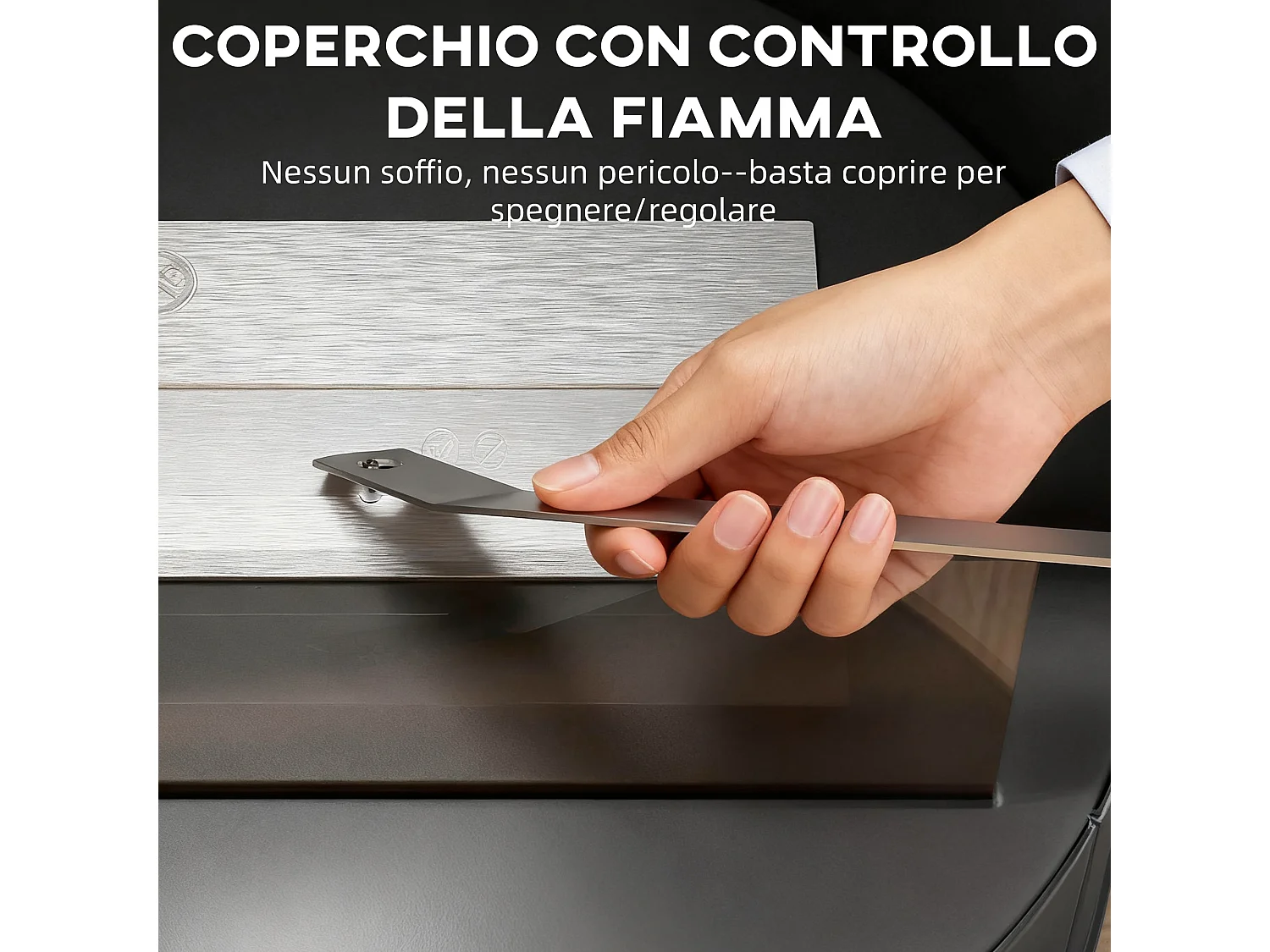 Camino a bioetanolo da interno con pannello in vetro e acciaio nero