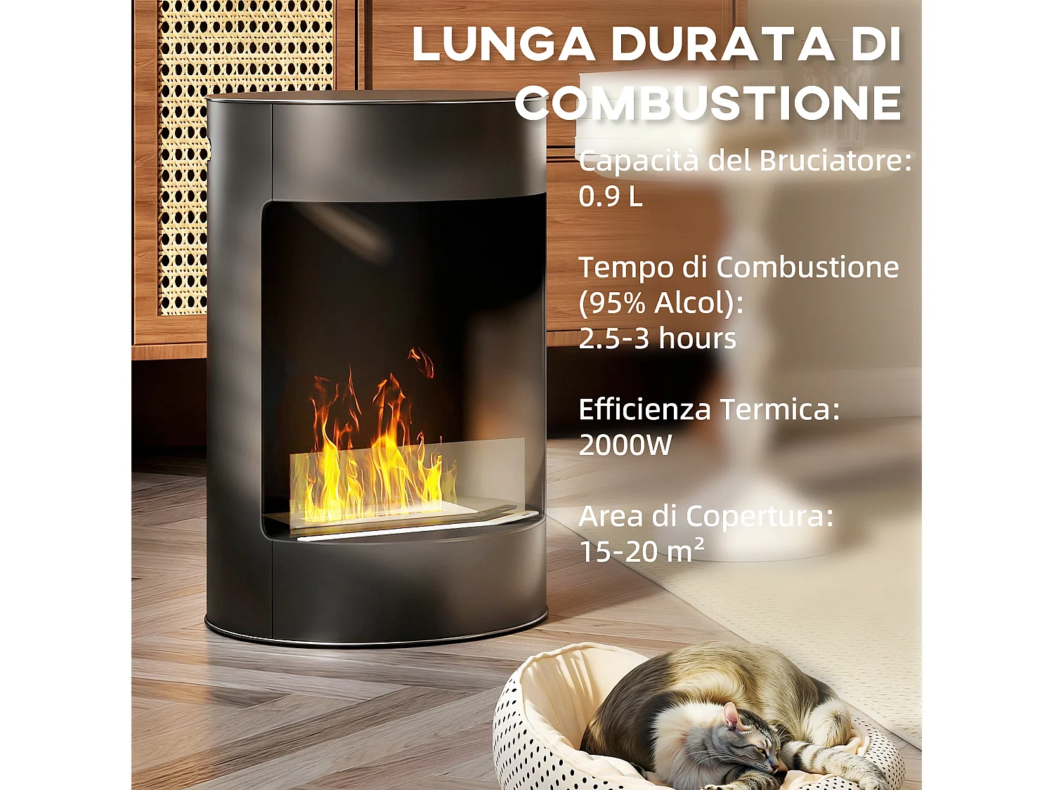 Camino a bioetanolo da interno con pannello in vetro e acciaio nero