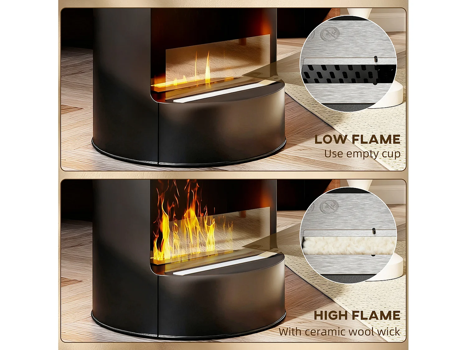 Camino a bioetanolo da interno con pannello in vetro e acciaio nero