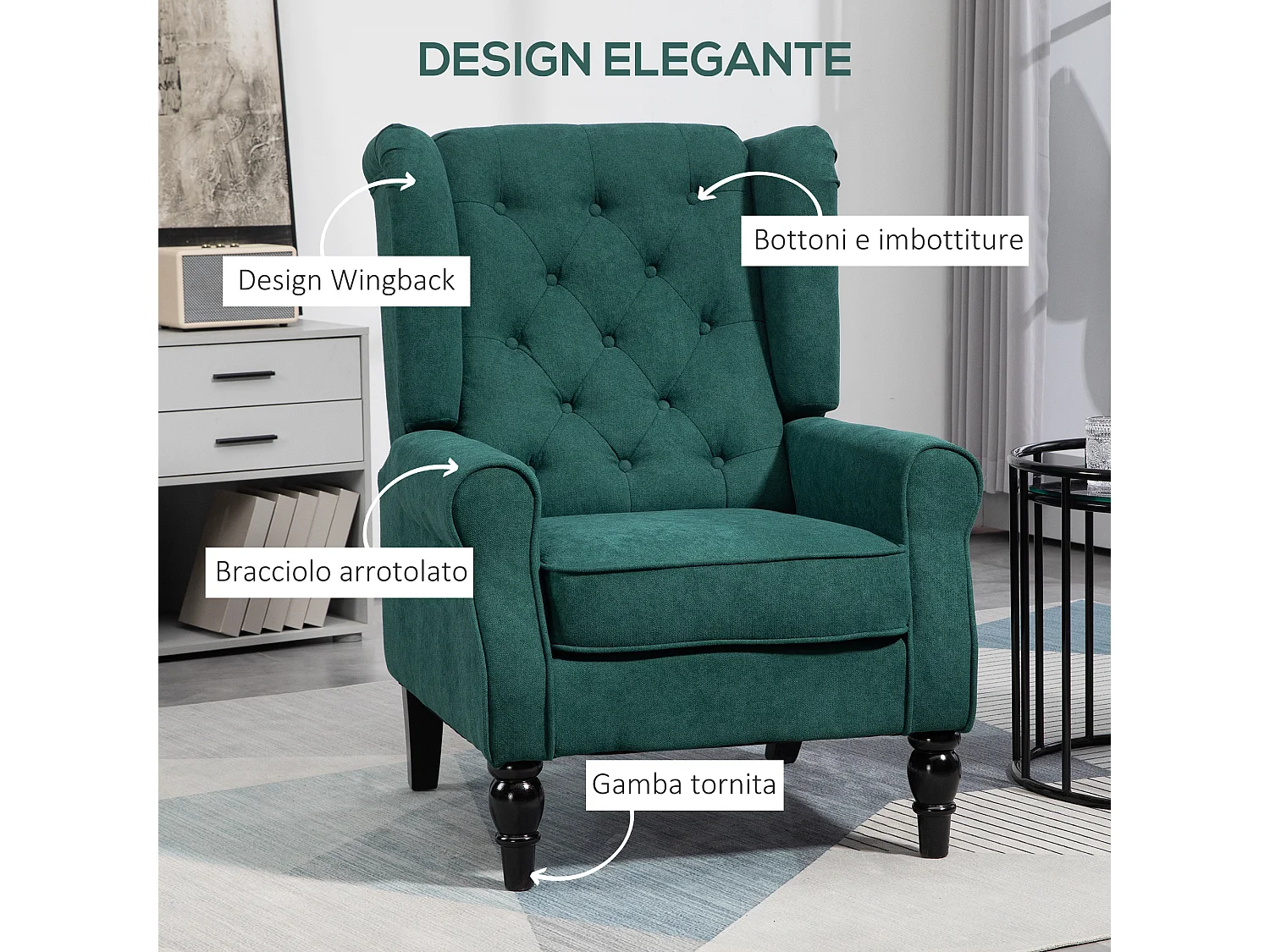 Poltrona per salotto in stile francese con cuscini verde scuro