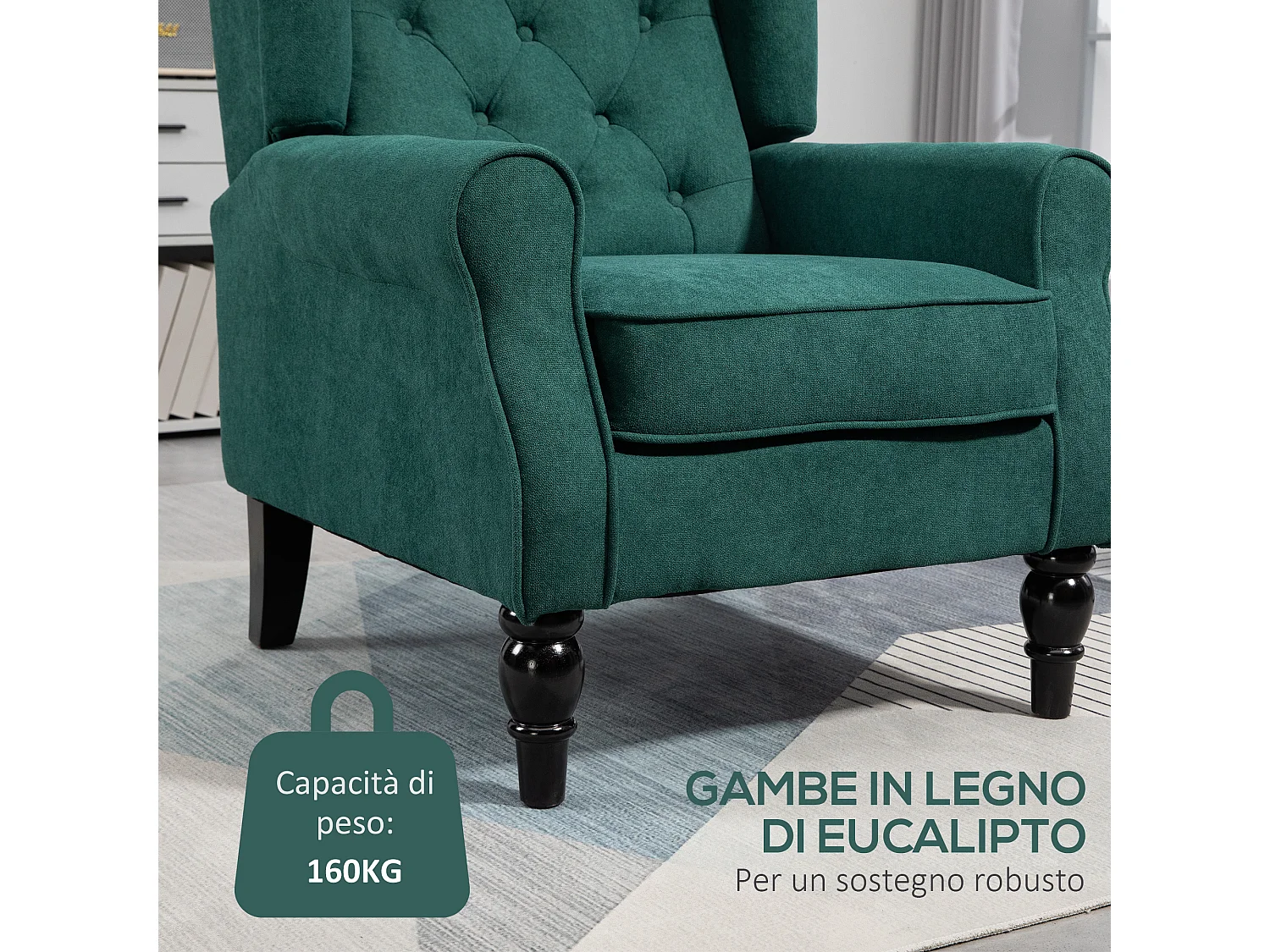 Poltrona per salotto in stile francese con cuscini verde scuro