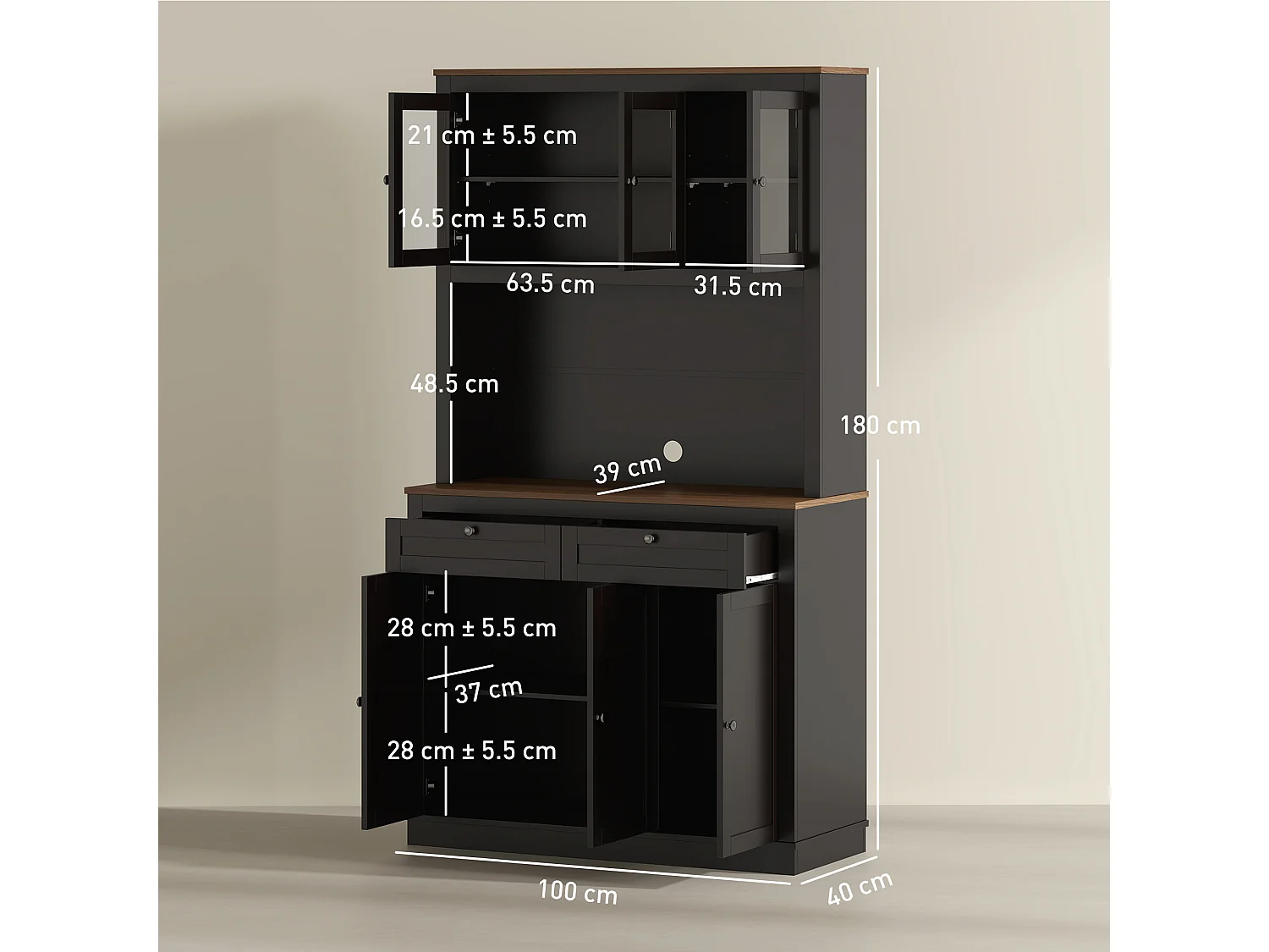 Credenza cucina con armadietti, 2 cassetti e piano portamicroonde