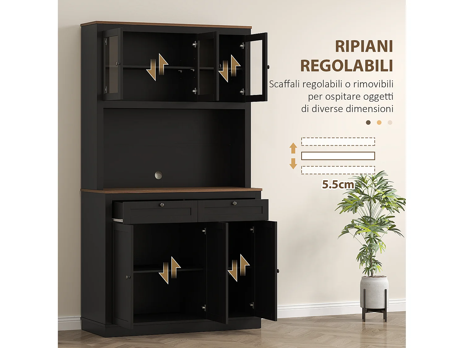Credenza cucina con armadietti, 2 cassetti e piano portamicroonde