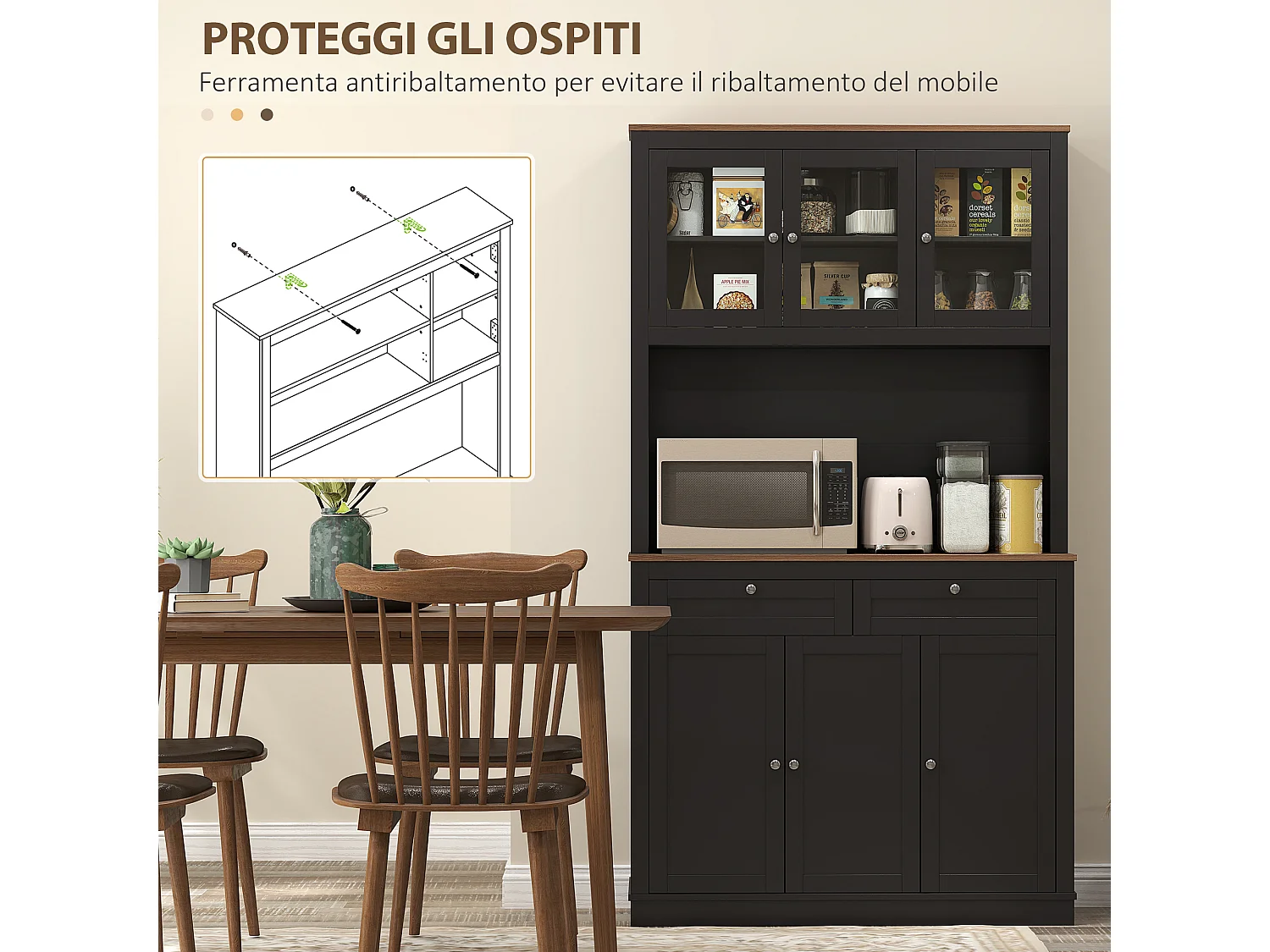 Credenza cucina con armadietti, 2 cassetti e piano portamicroonde
