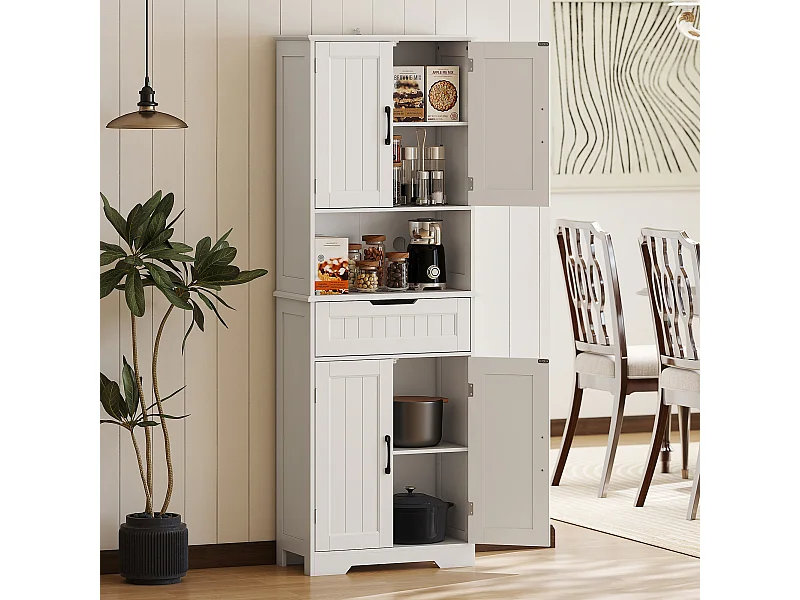 Credenza cucina alta, mobile dispensa con foro passacavi e piano portamicroonde