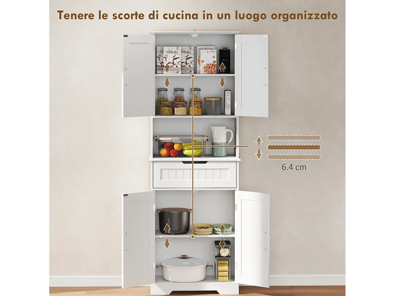 Credenza cucina alta, mobile dispensa con foro passacavi e piano portamicroonde