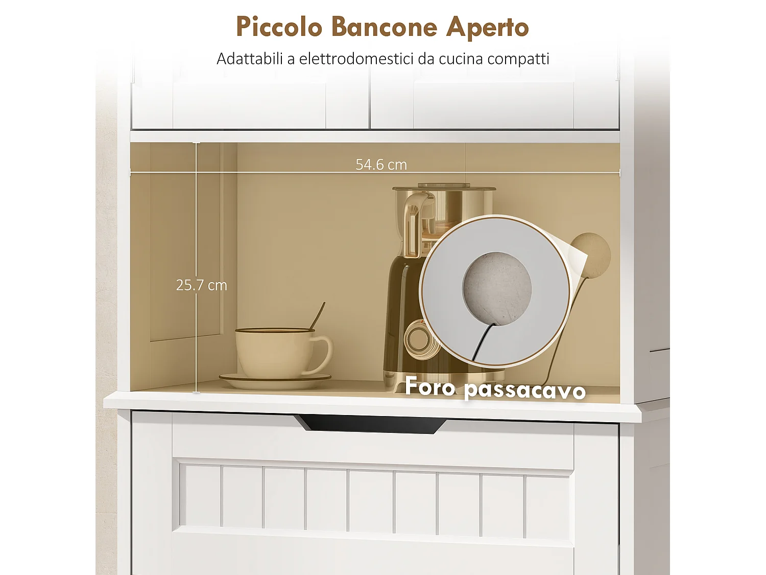 Credenza cucina alta, mobile dispensa con foro passacavi e piano portamicroonde