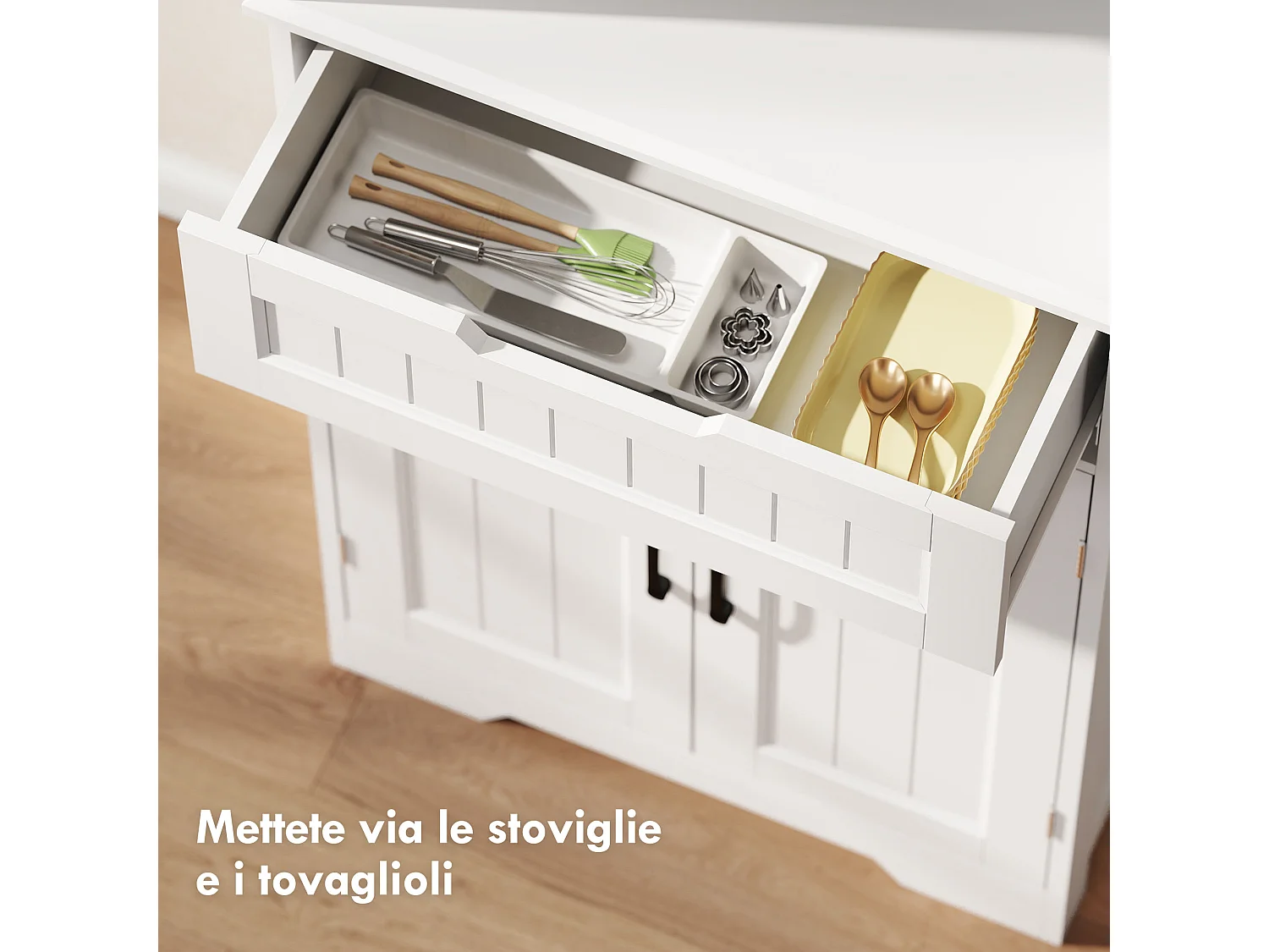 Credenza cucina alta, mobile dispensa con foro passacavi e piano portamicroonde