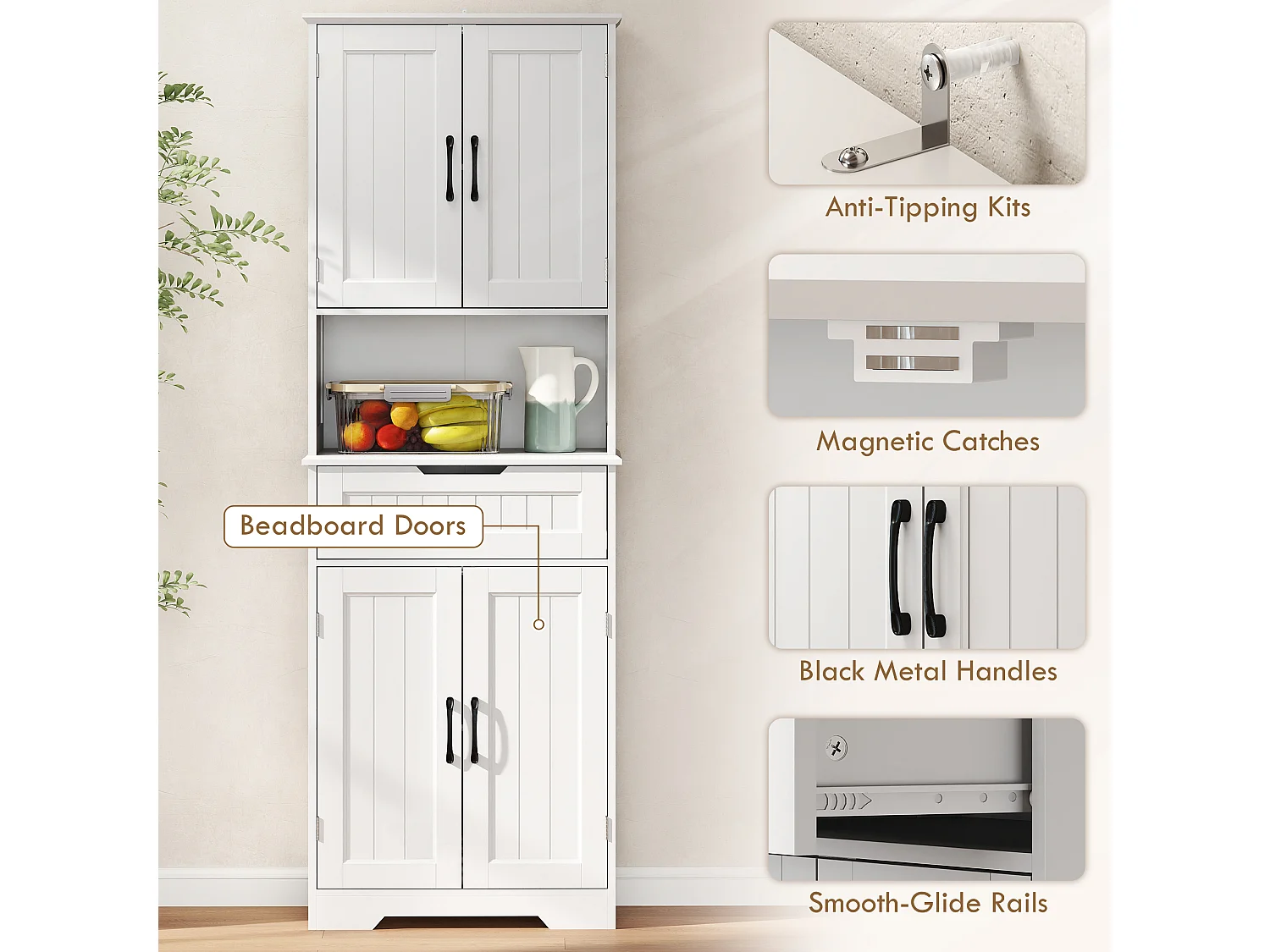 Credenza cucina alta, mobile dispensa con foro passacavi e piano portamicroonde