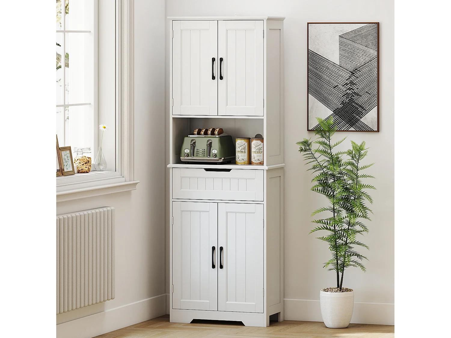 Credenza cucina alta, mobile dispensa con foro passacavi e piano portamicroonde