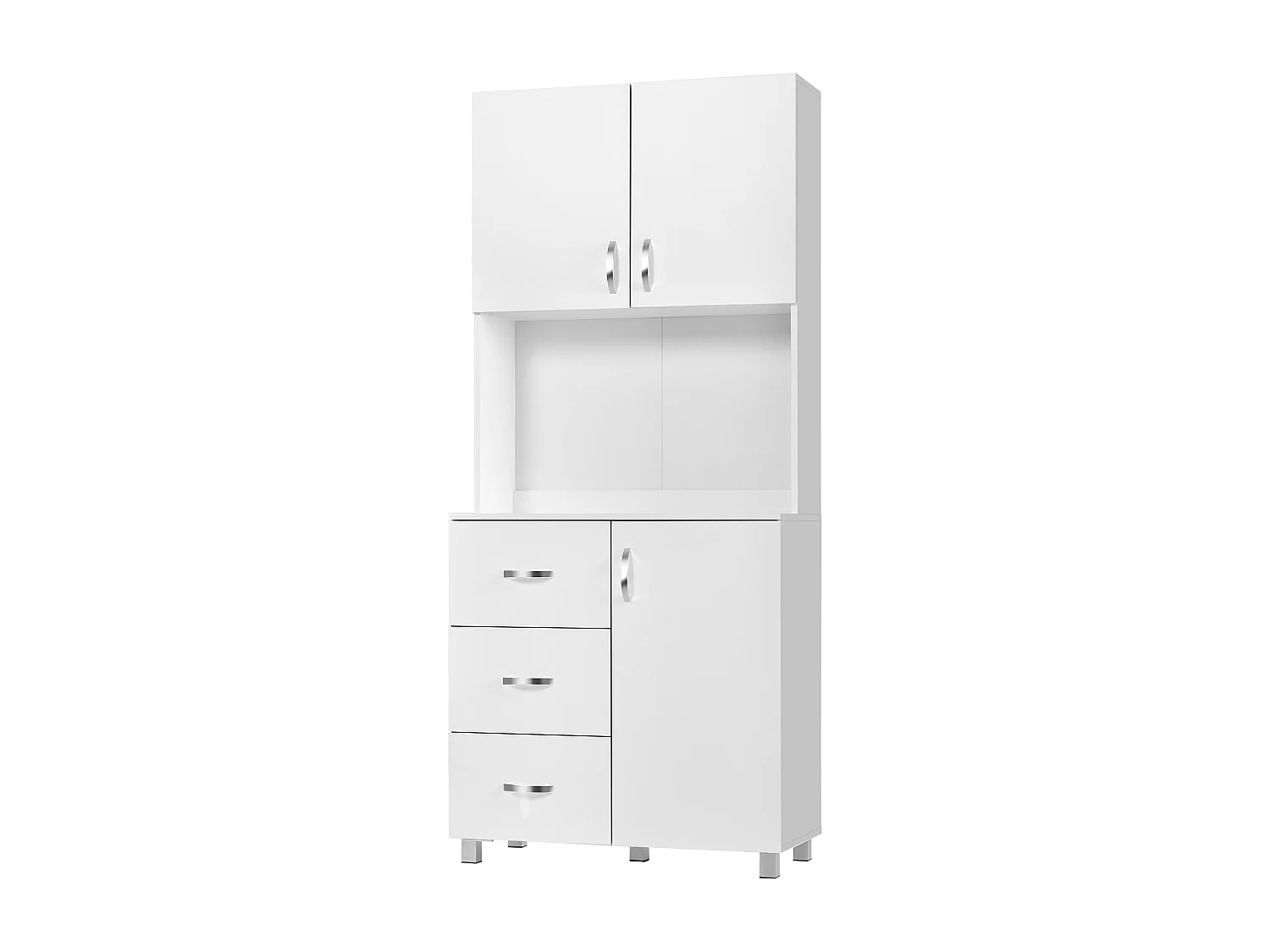 Credenza con 2 armadietti ripiano aperto e 3 cassetti in legno bianco