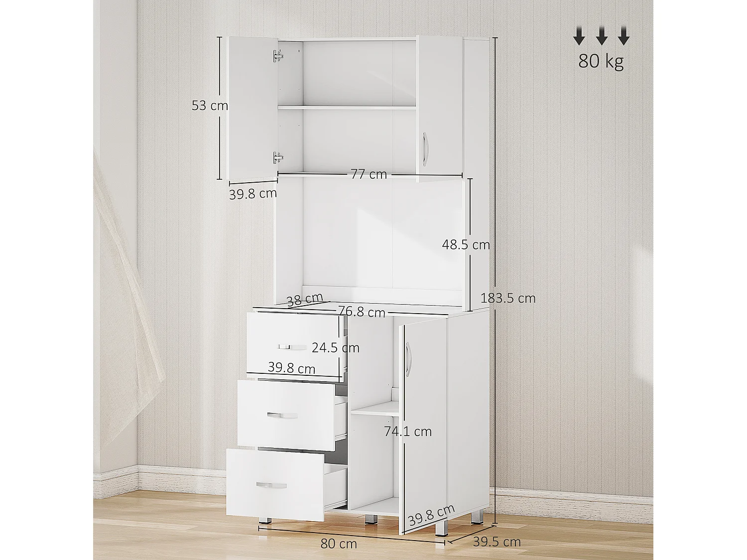 Credenza con 2 armadietti ripiano aperto e 3 cassetti in legno bianco