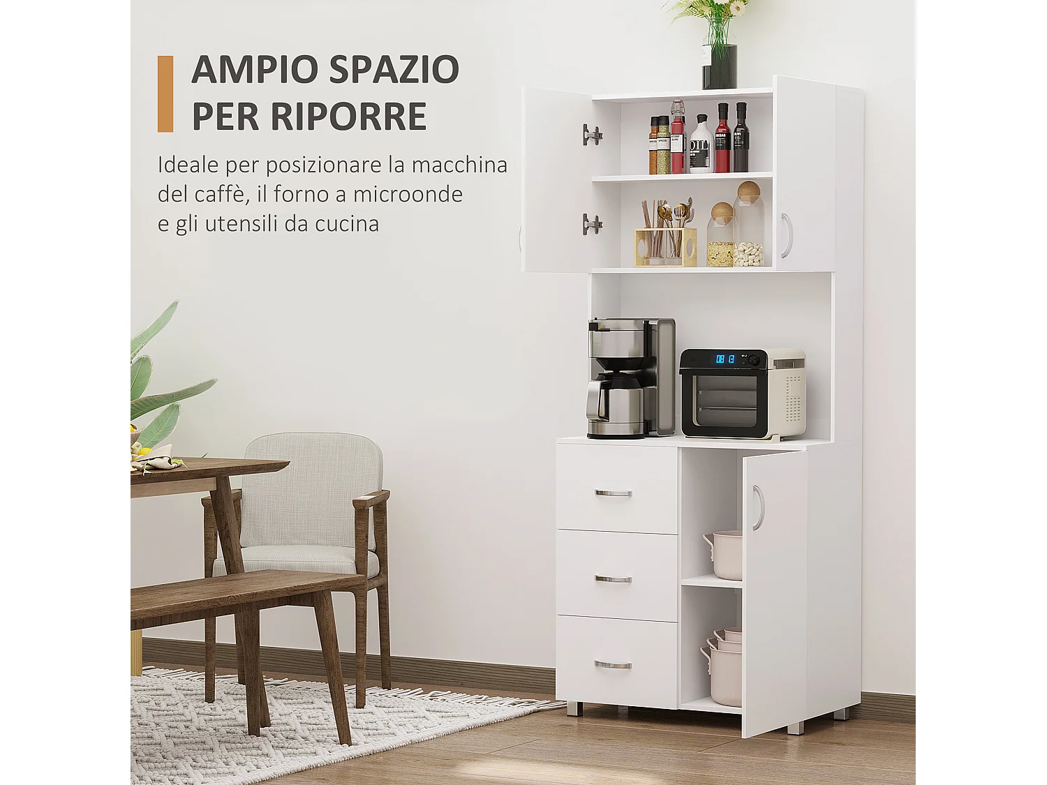 Credenza con 2 armadietti ripiano aperto e 3 cassetti in legno bianco