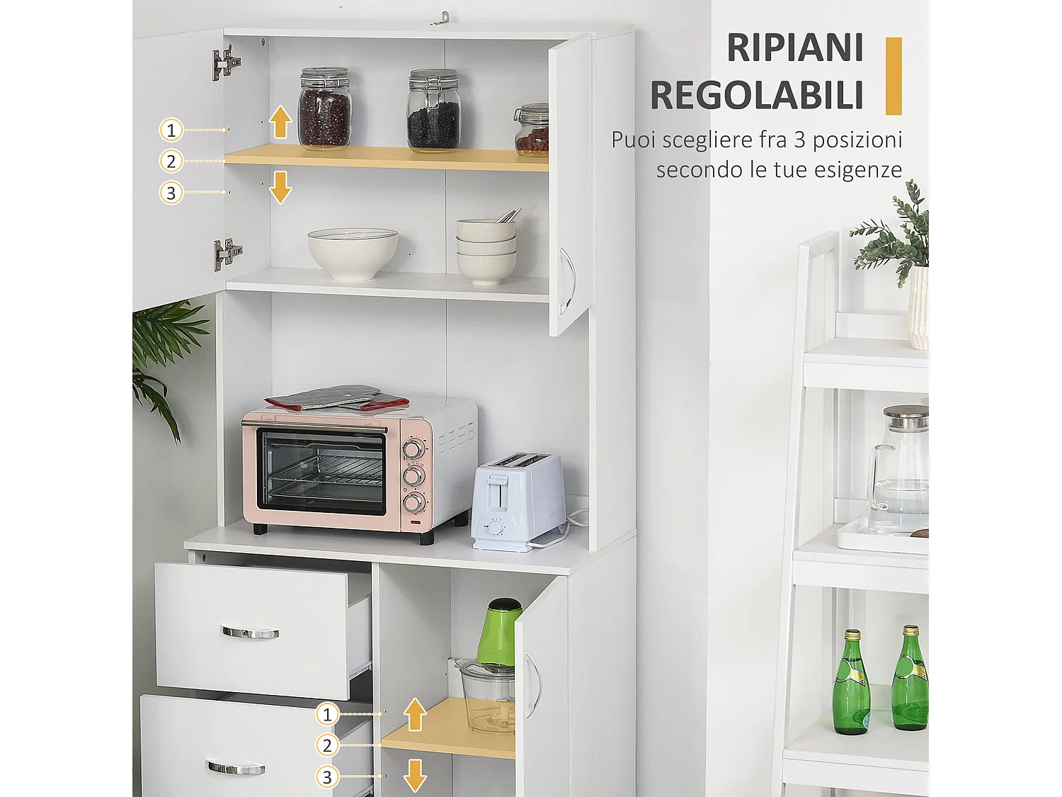 Credenza con 2 armadietti ripiano aperto e 3 cassetti in legno bianco