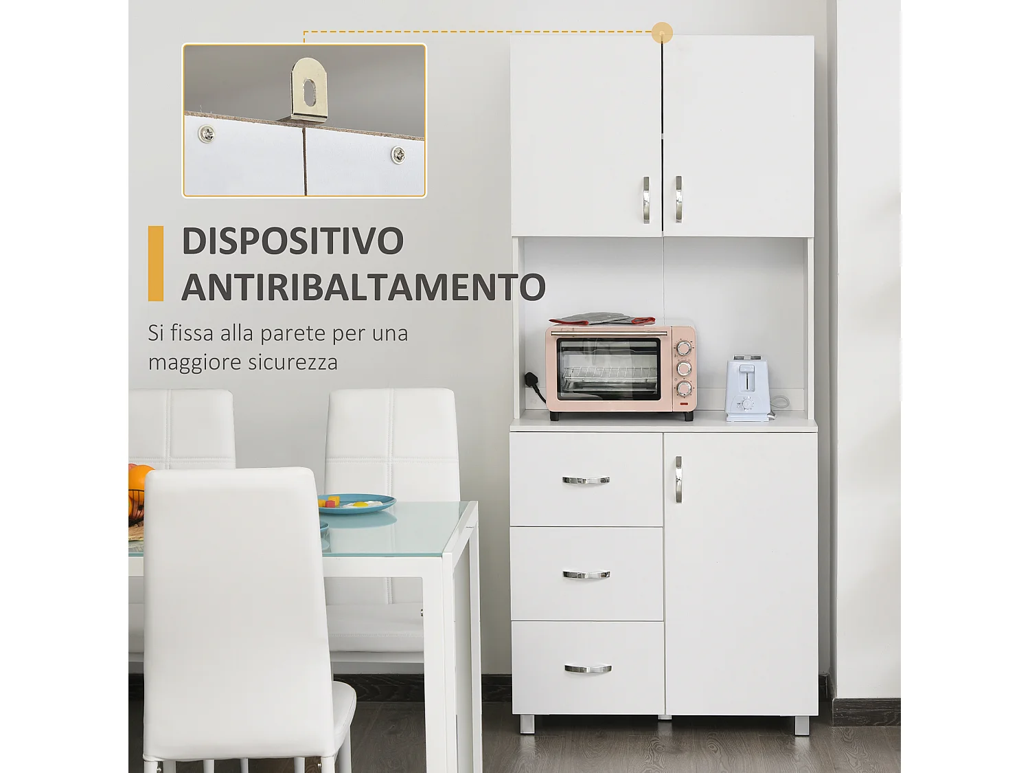 Credenza con 2 armadietti ripiano aperto e 3 cassetti in legno bianco