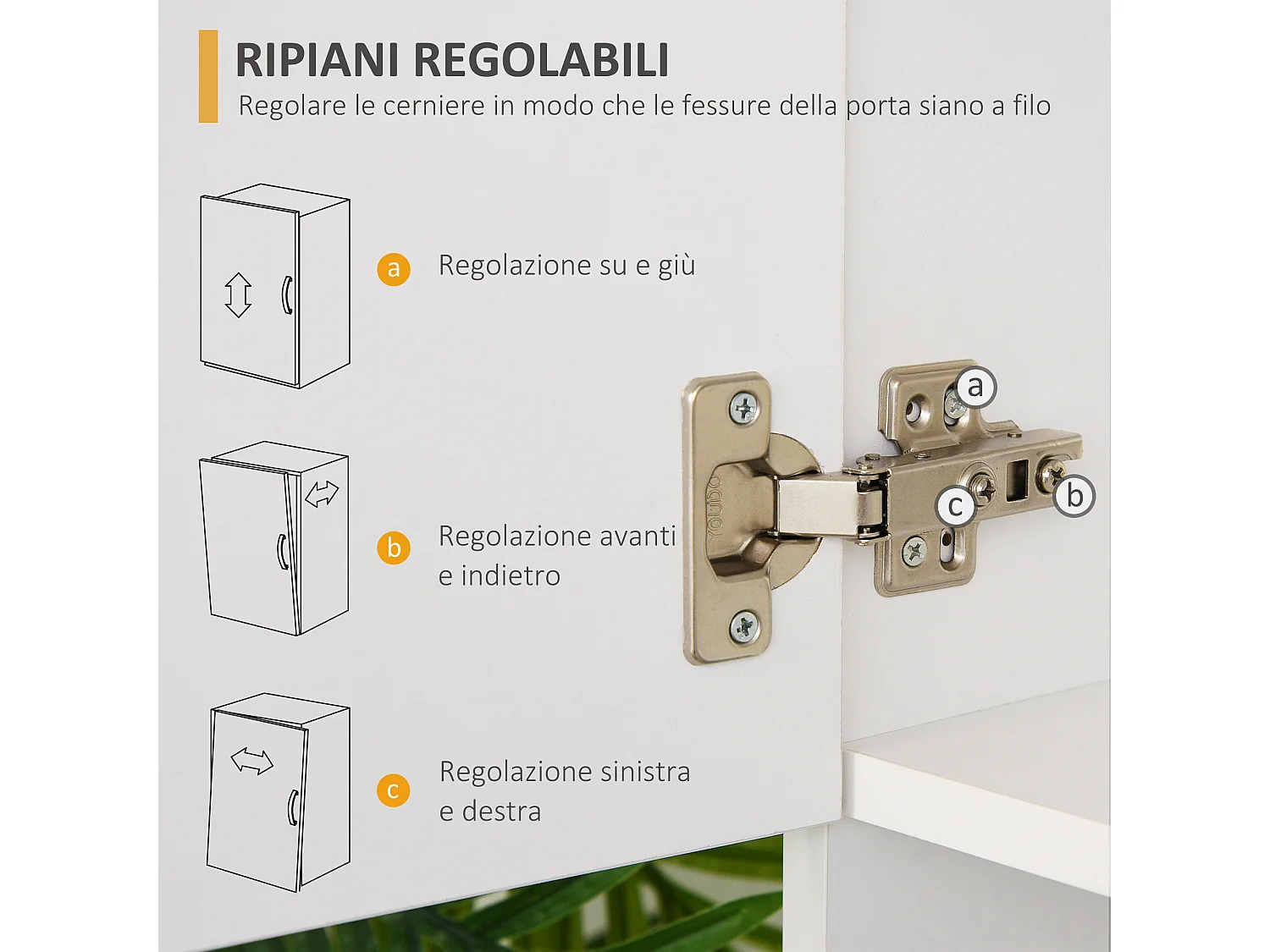 Credenza con 2 armadietti ripiano aperto e 3 cassetti in legno bianco