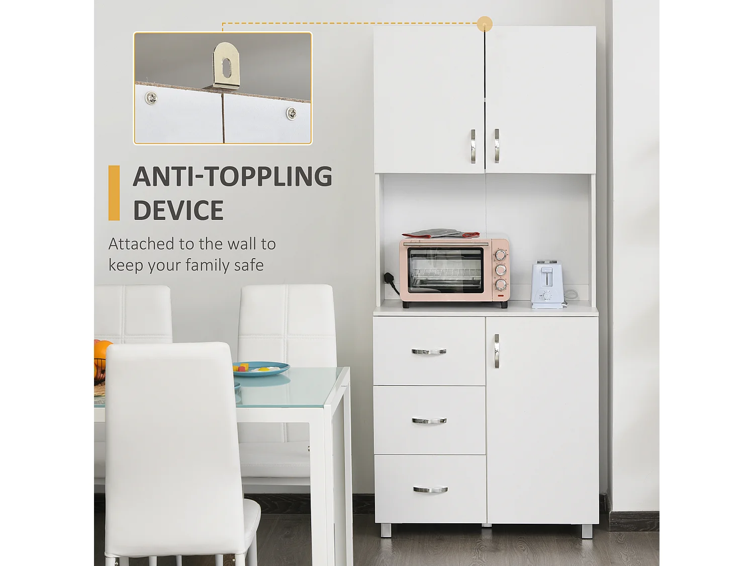 Credenza con 2 armadietti ripiano aperto e 3 cassetti in legno bianco
