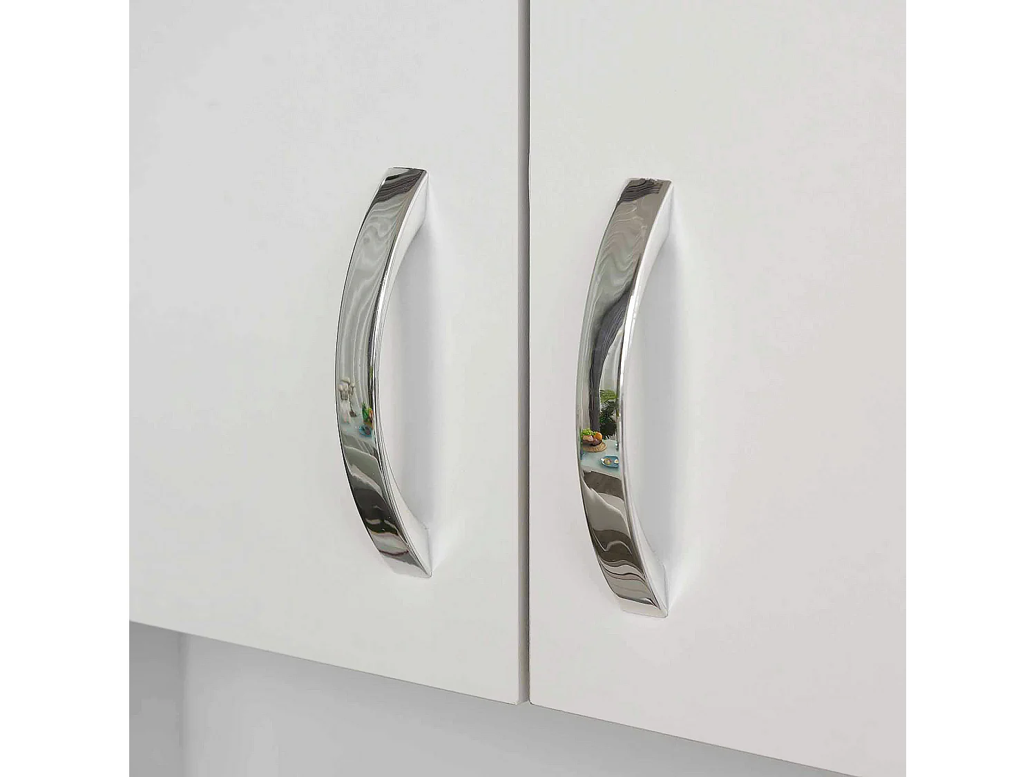 Credenza con 2 armadietti ripiano aperto e 3 cassetti in legno bianco