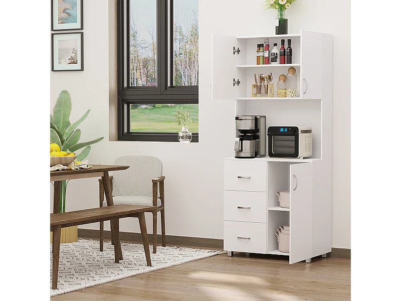 Credenza con 2 armadietti ripiano aperto e 3 cassetti in legno bianco
