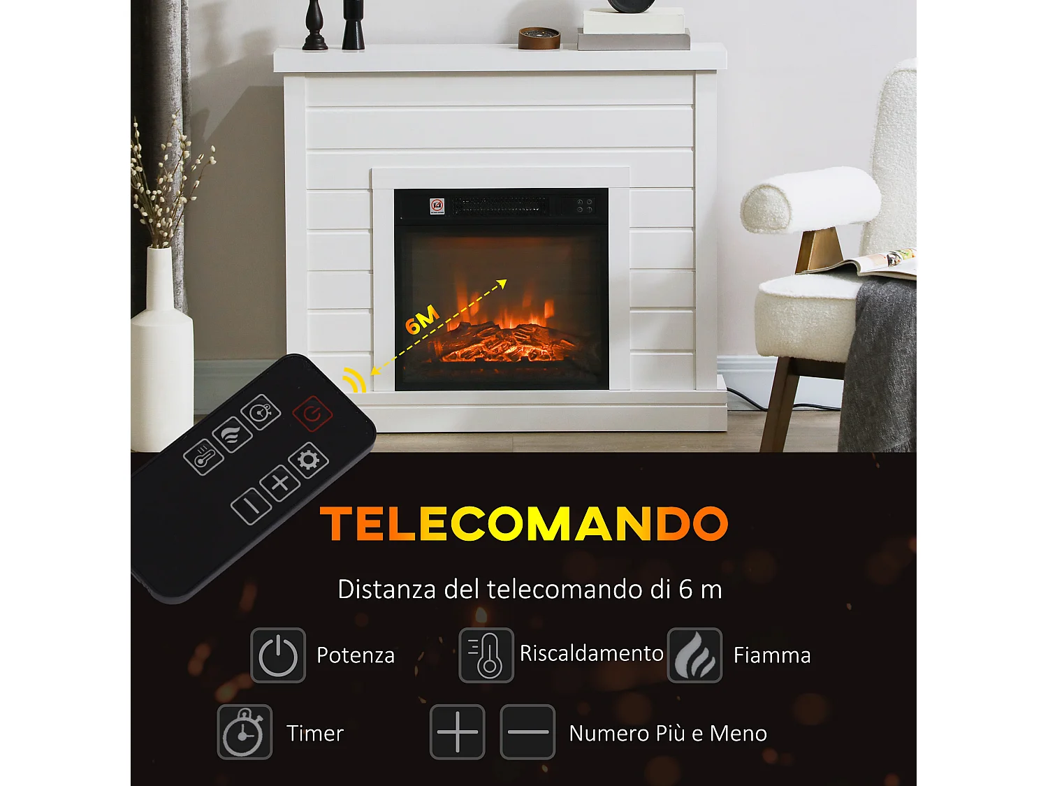 Camino elettrico 1800w con effetto fiamma a 3 intensità bianco