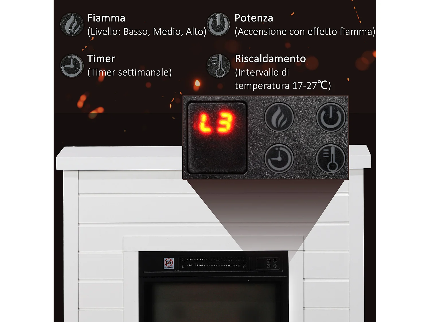 Camino elettrico 1800w con effetto fiamma a 3 intensità bianco
