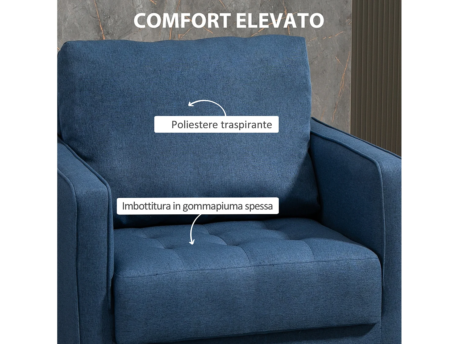 Poltrona moderna in tessuto effetto lino e struttura in legno