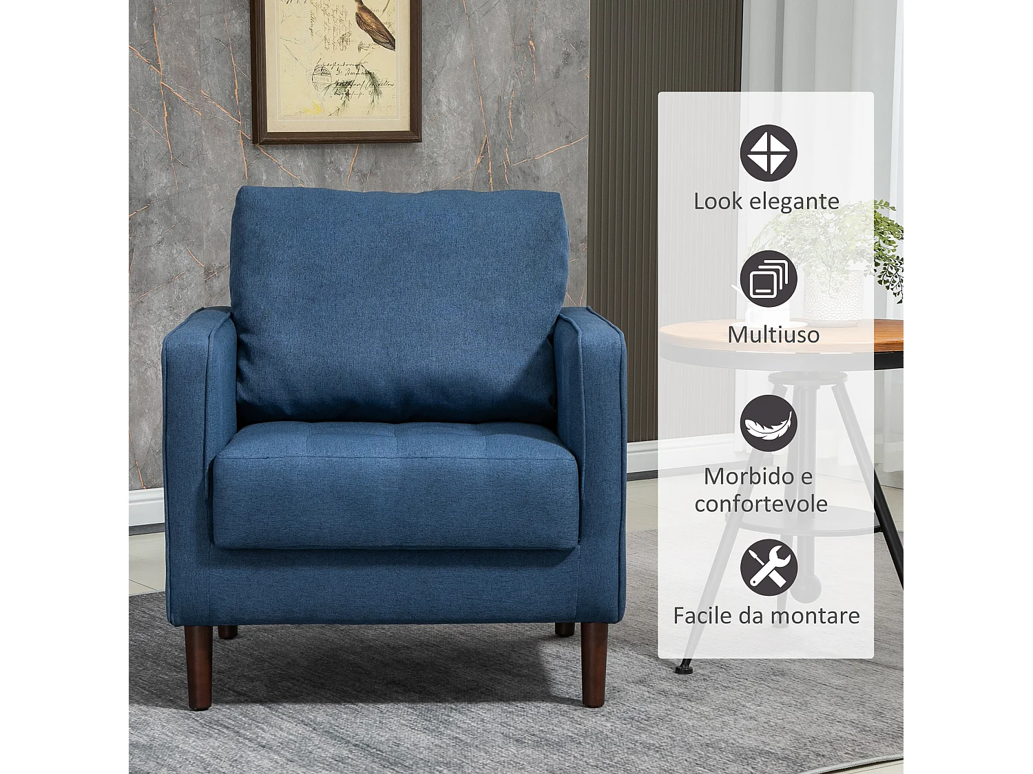 Poltrona moderna in tessuto effetto lino e struttura in legno