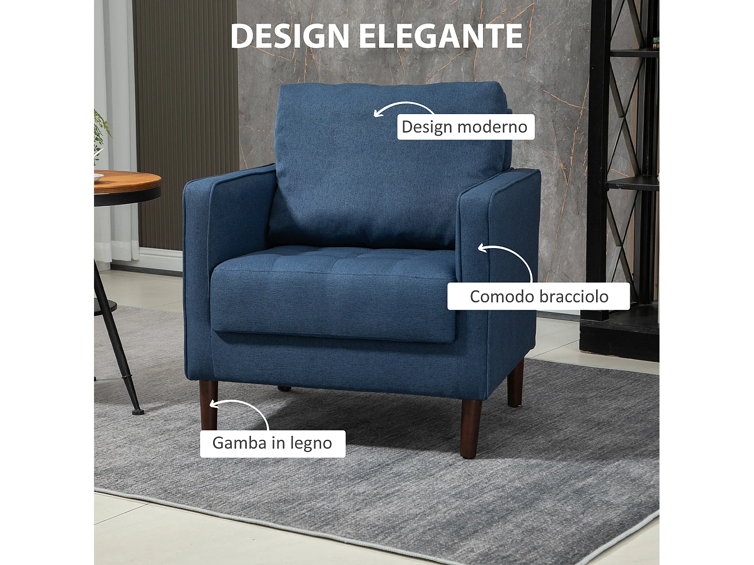 Poltrona moderna in tessuto effetto lino e struttura in legno