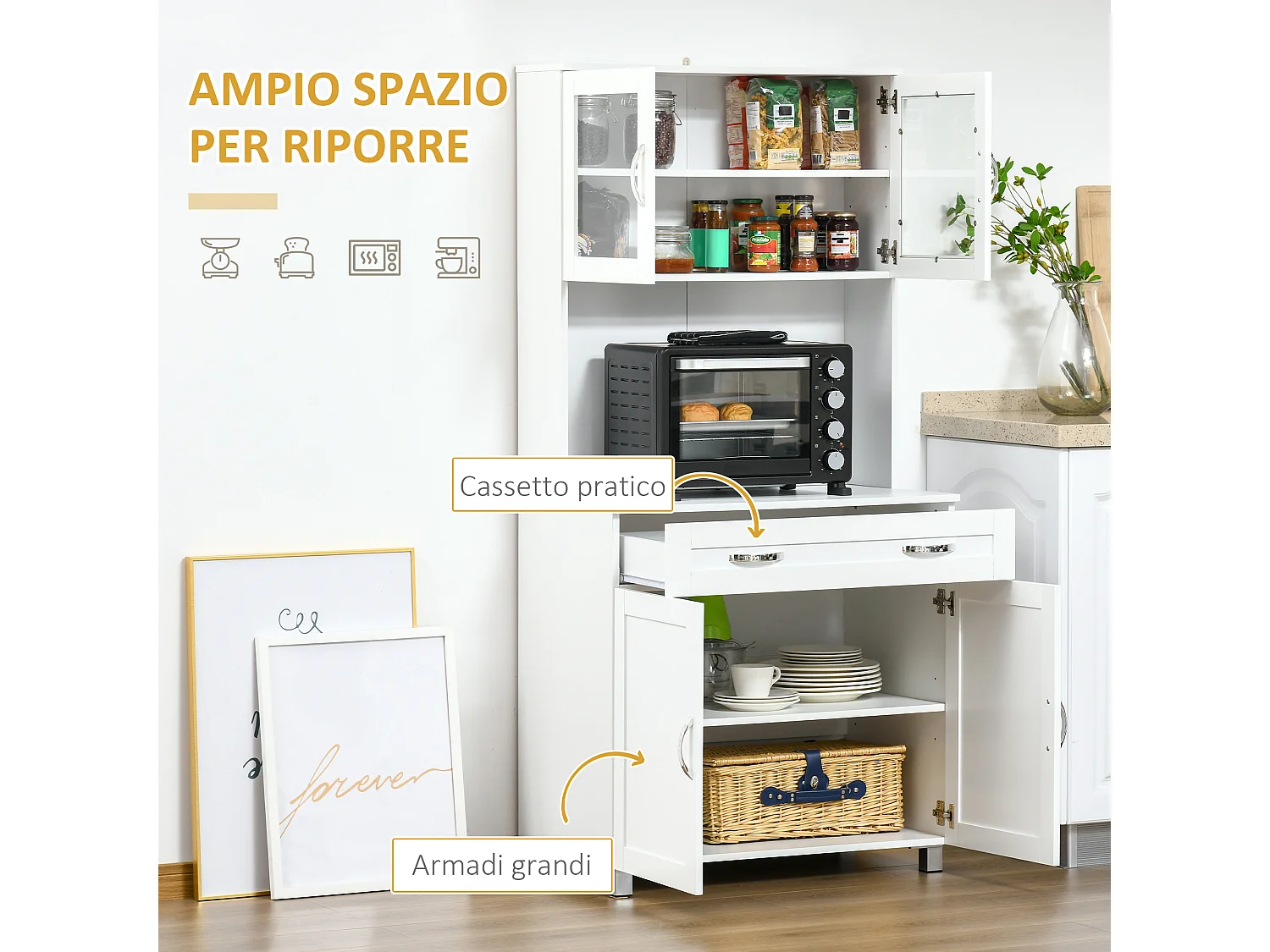 Credenza cucina alta con 2 armadietti piano portamicroonde e cassetto