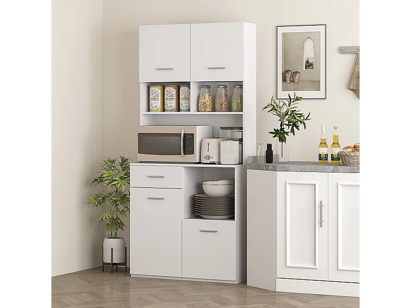 Credenza cucina alta con cassetto 4 armadietti e 3 scomparti aperti