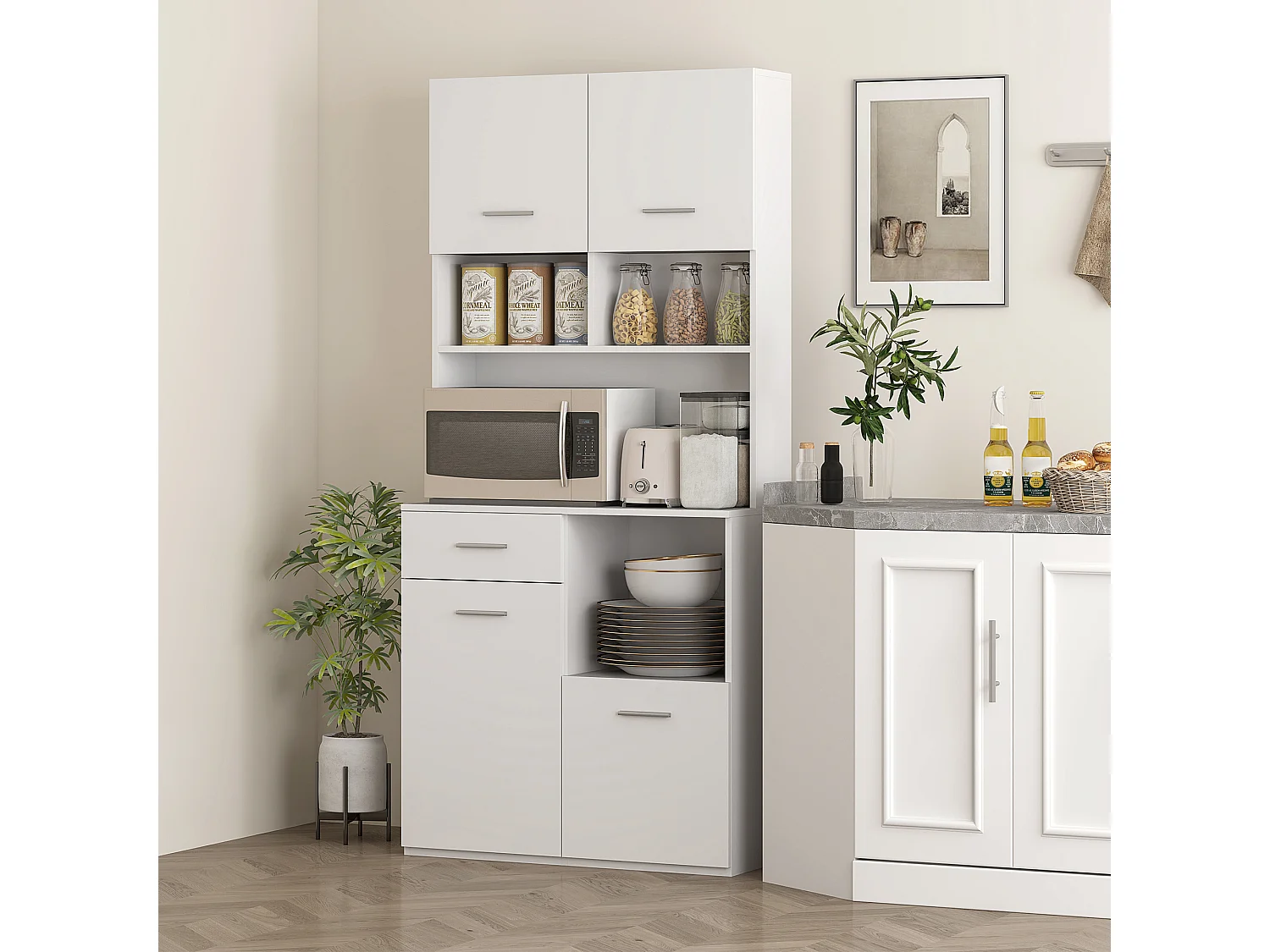 Credenza cucina alta con cassetto 4 armadietti e 3 scomparti aperti