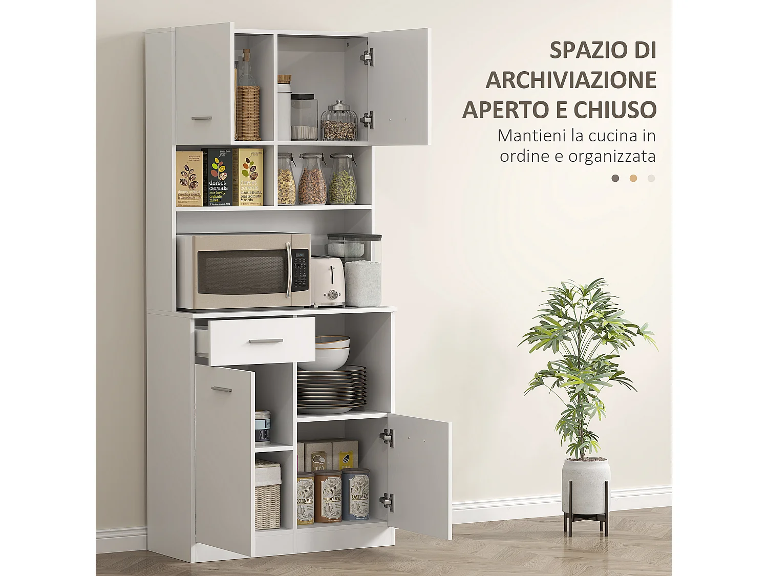 Credenza cucina alta con cassetto 4 armadietti e 3 scomparti aperti