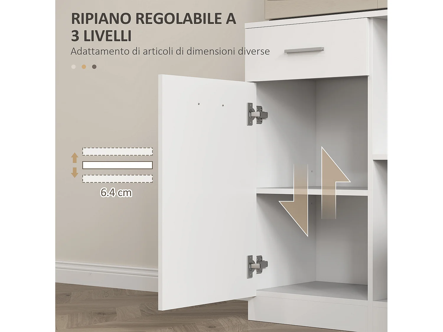 Credenza cucina alta con cassetto 4 armadietti e 3 scomparti aperti
