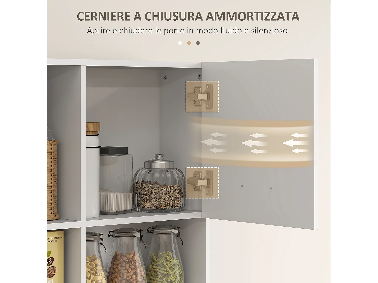 Credenza cucina alta con cassetto 4 armadietti e 3 scomparti aperti