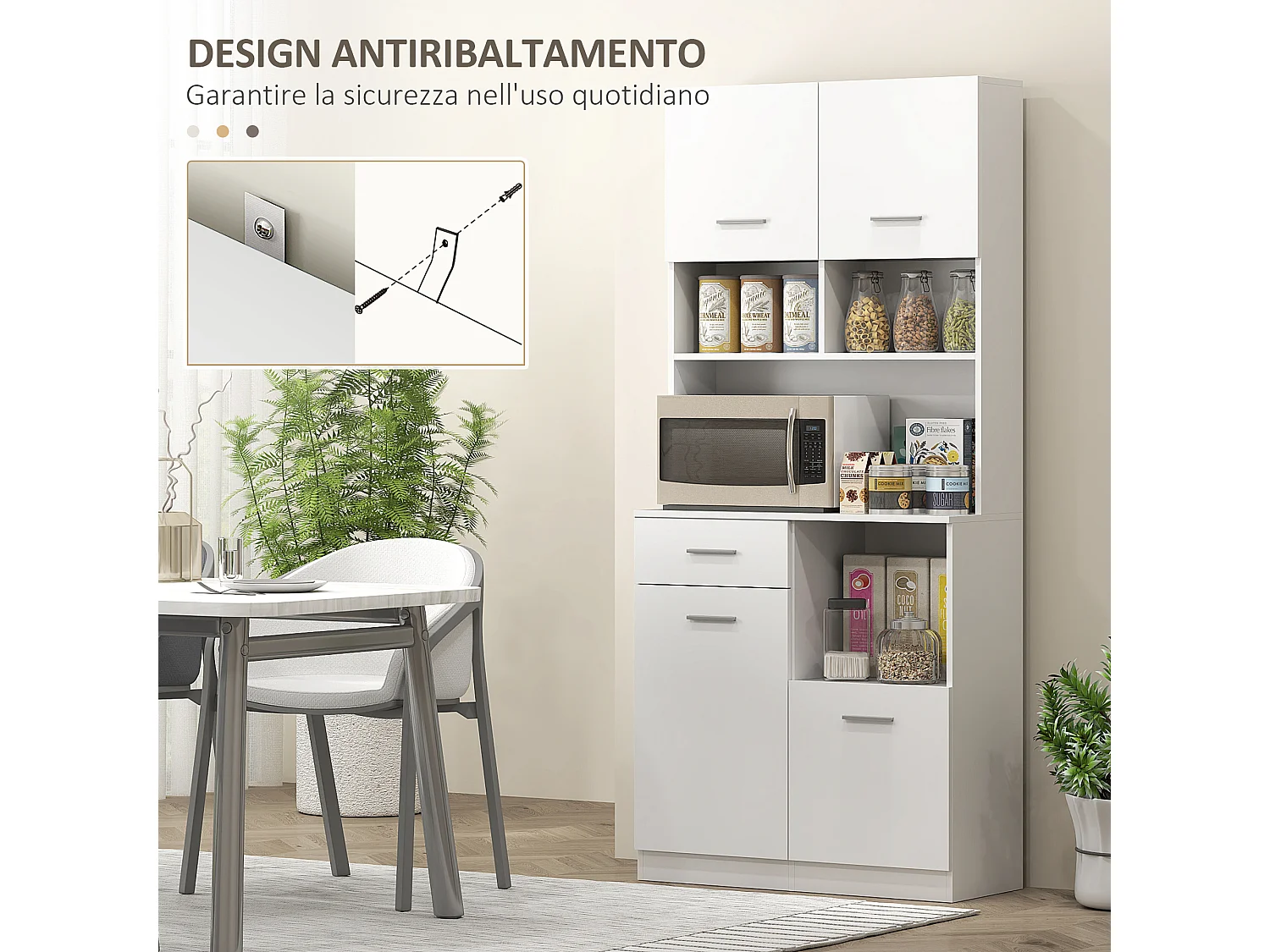 Credenza cucina alta con cassetto 4 armadietti e 3 scomparti aperti