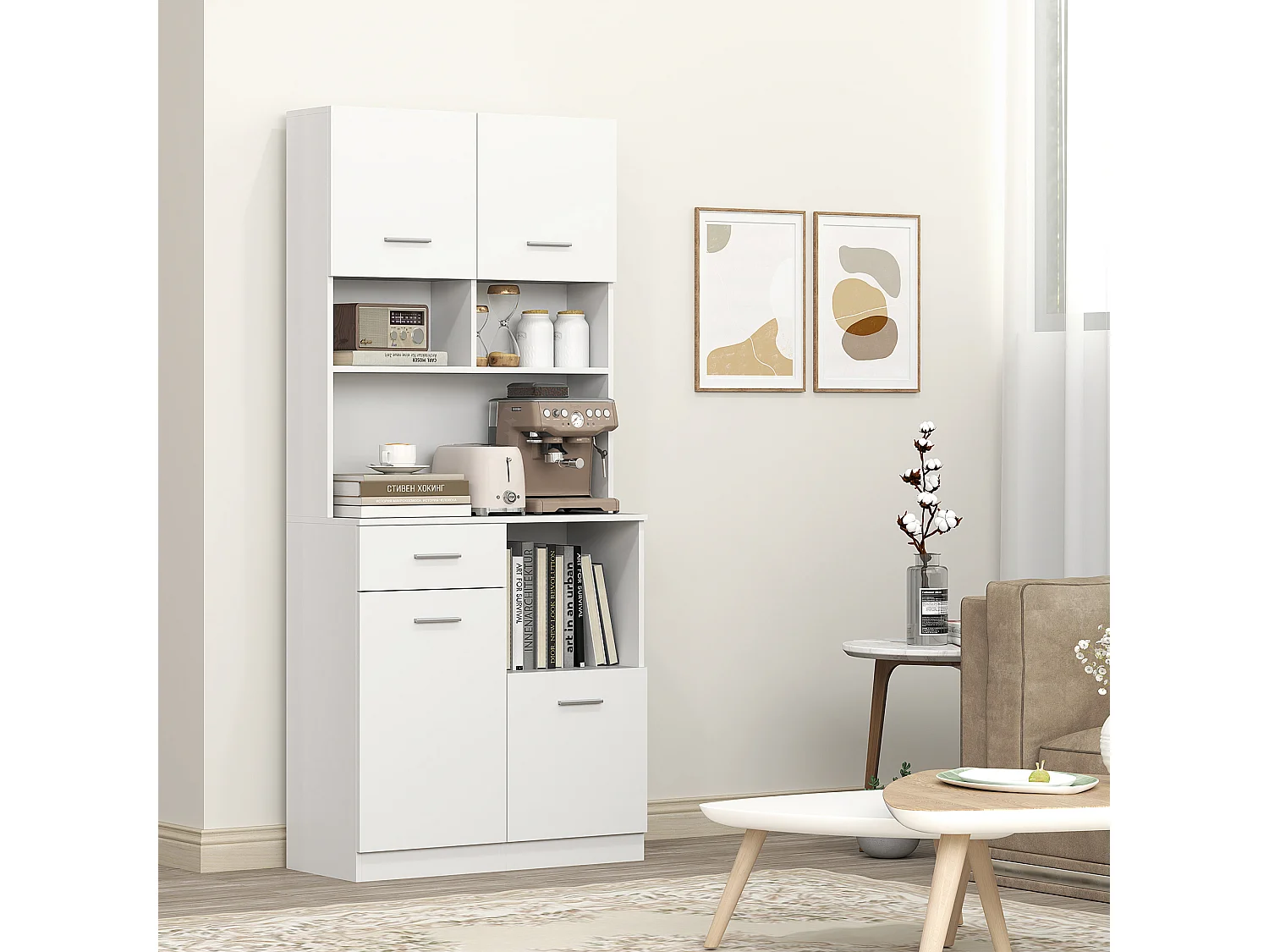 Credenza cucina alta con cassetto 4 armadietti e 3 scomparti aperti
