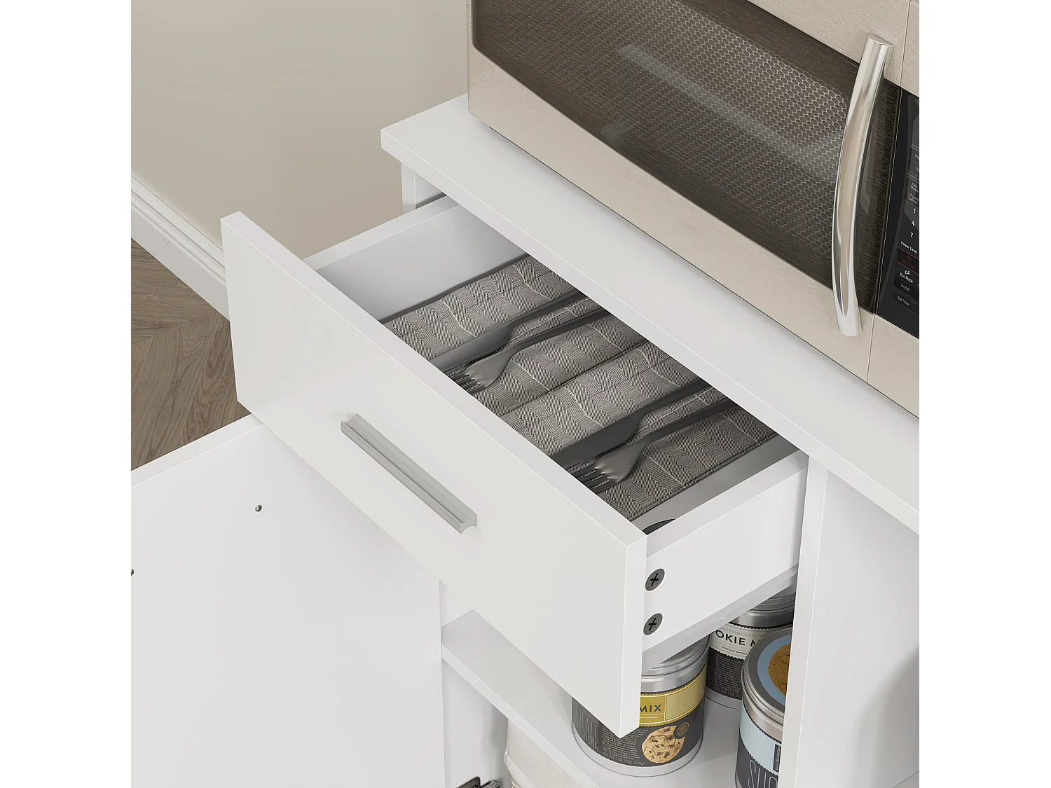 Credenza cucina alta con cassetto 4 armadietti e 3 scomparti aperti