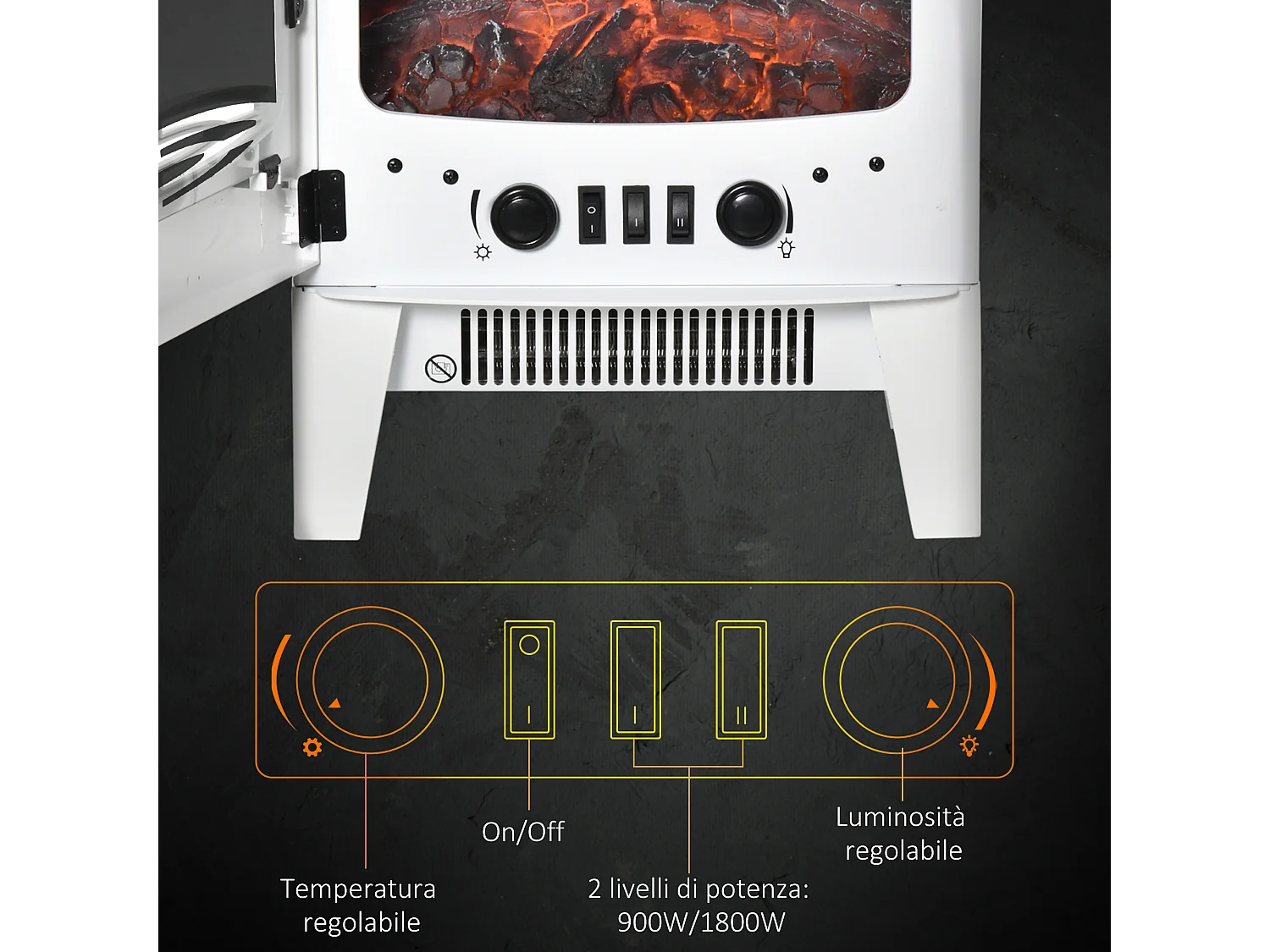 Caminetto elettrico regolabile 900w-1800w effetto fiamma led