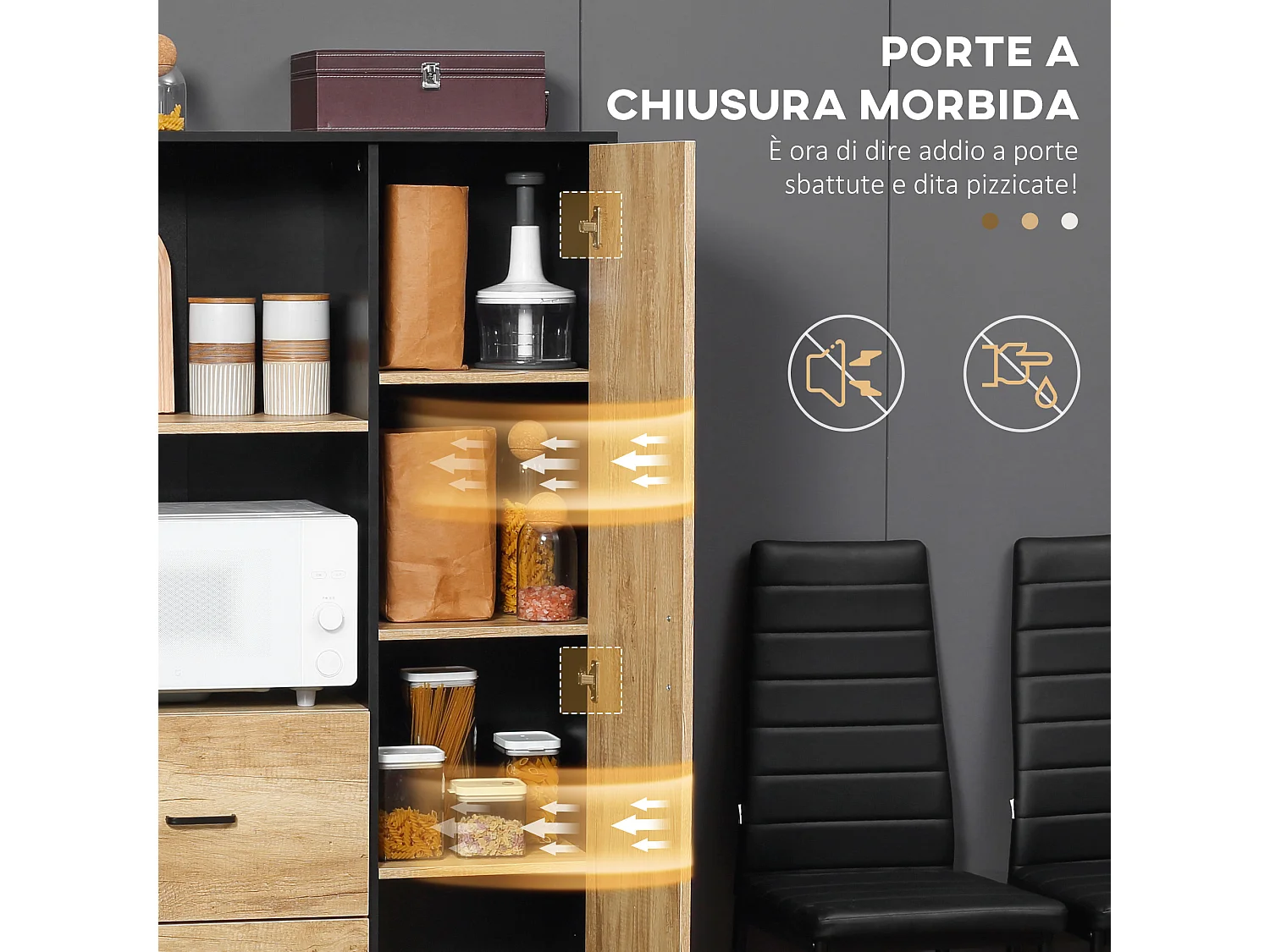 Credenza moderna con cassetti ripiani e armadietto colore legno e nero