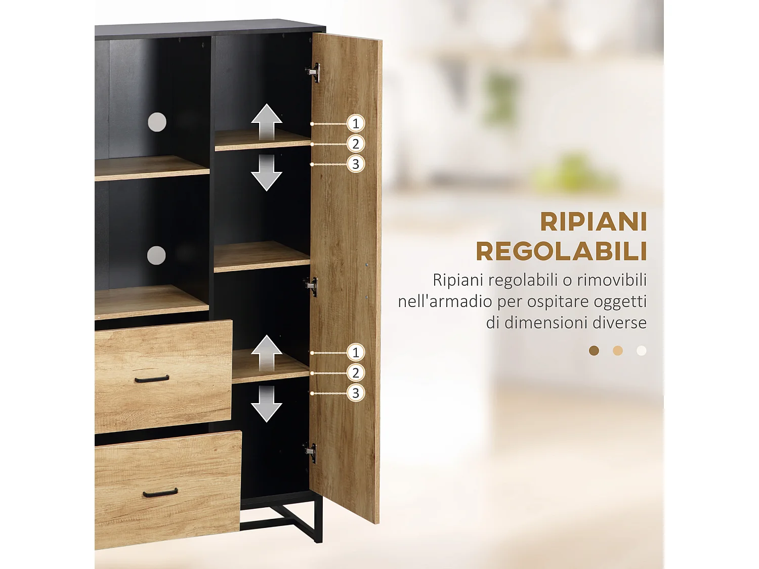 Credenza moderna con cassetti ripiani e armadietto colore legno e nero