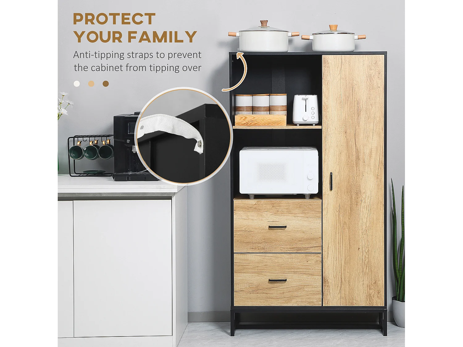 Credenza moderna con cassetti ripiani e armadietto colore legno e nero