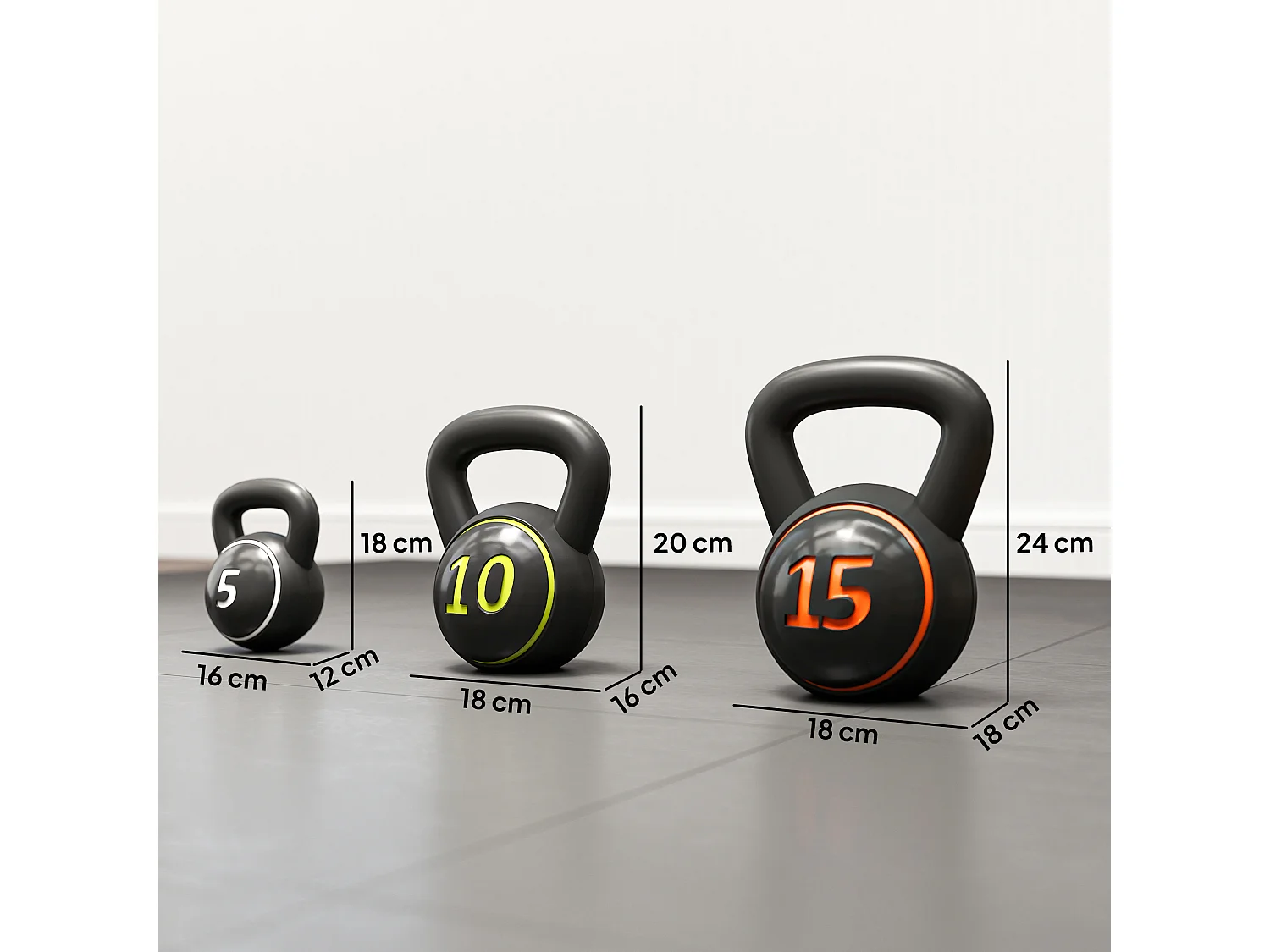 Set 3 kettlebell da 2.2 kg, 4.5 kg e 6.8 kg con portapesi nero