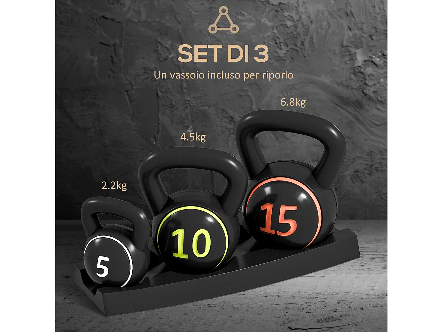 Set 3 kettlebell da 2.2 kg, 4.5 kg e 6.8 kg con portapesi nero
