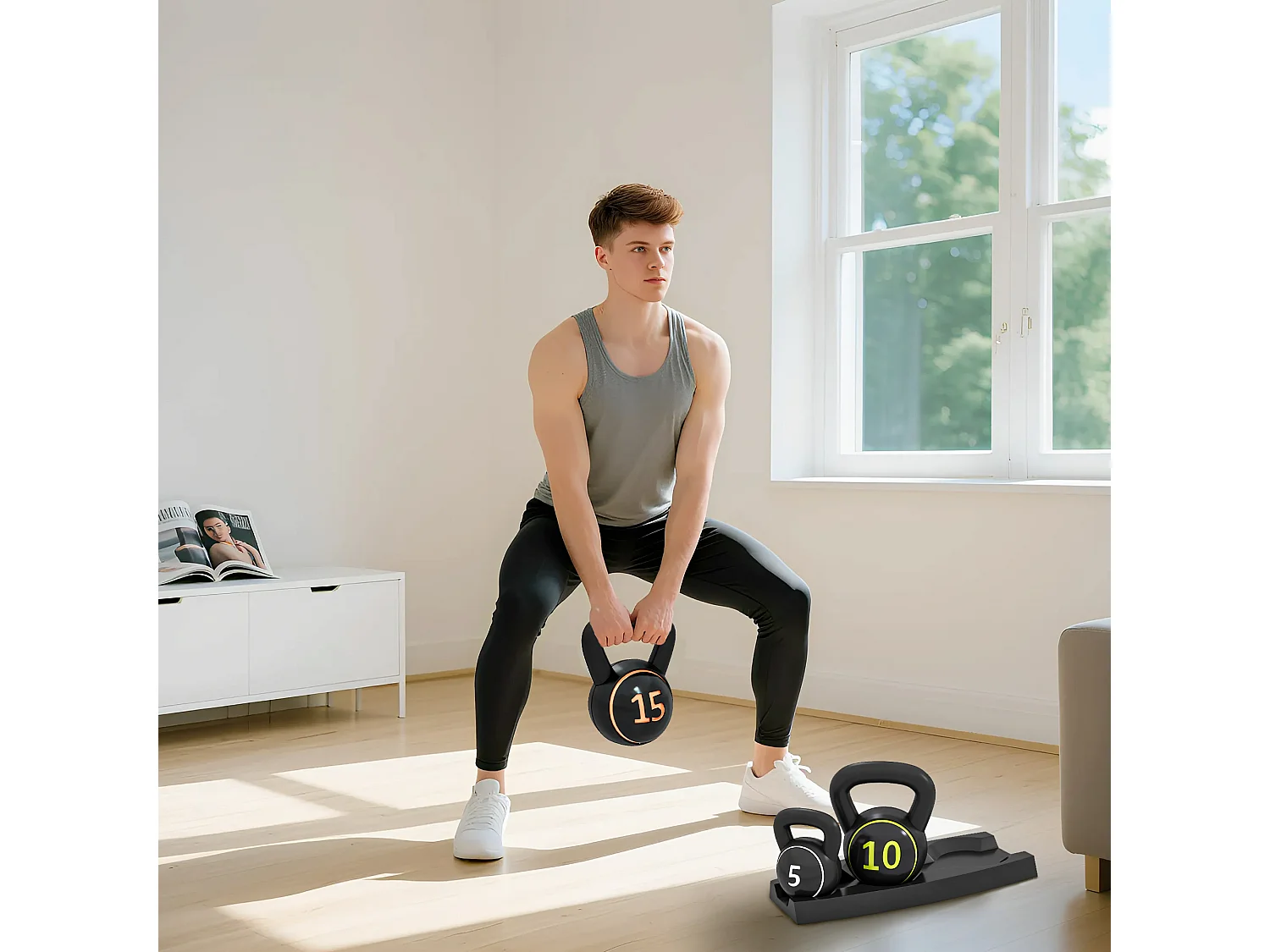 Set 3 kettlebell da 2.2 kg, 4.5 kg e 6.8 kg con portapesi nero