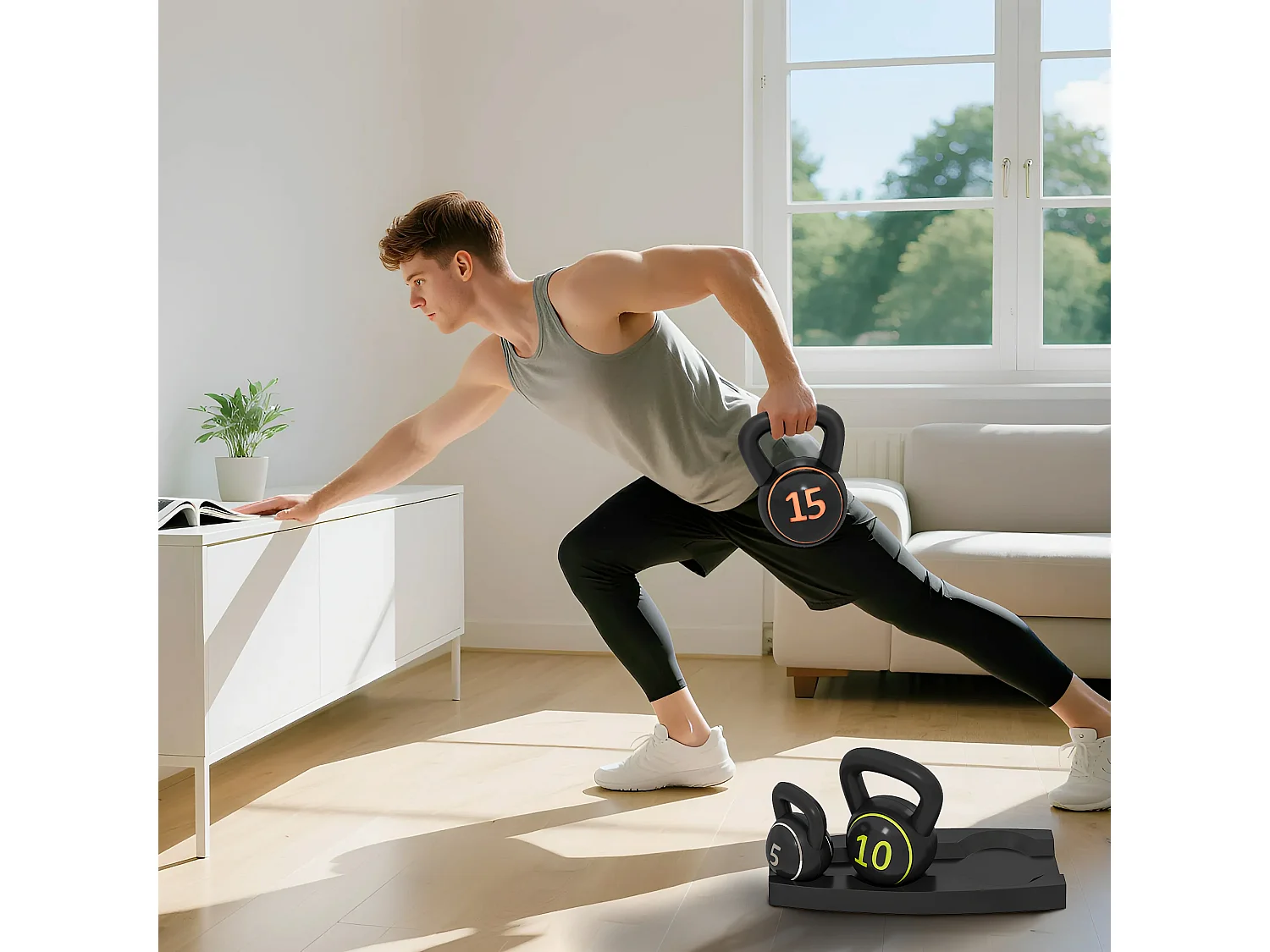 Set 3 kettlebell da 2.2 kg, 4.5 kg e 6.8 kg con portapesi nero